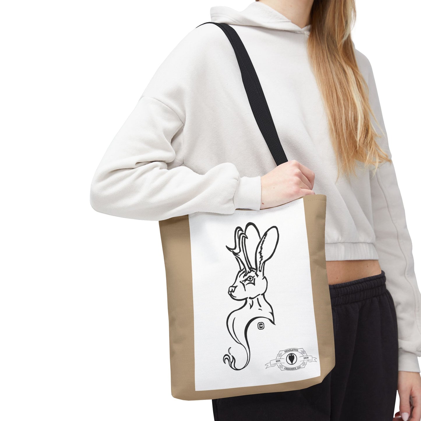 Jackalope Bust Drawing Tote Bag with Tan Stripe