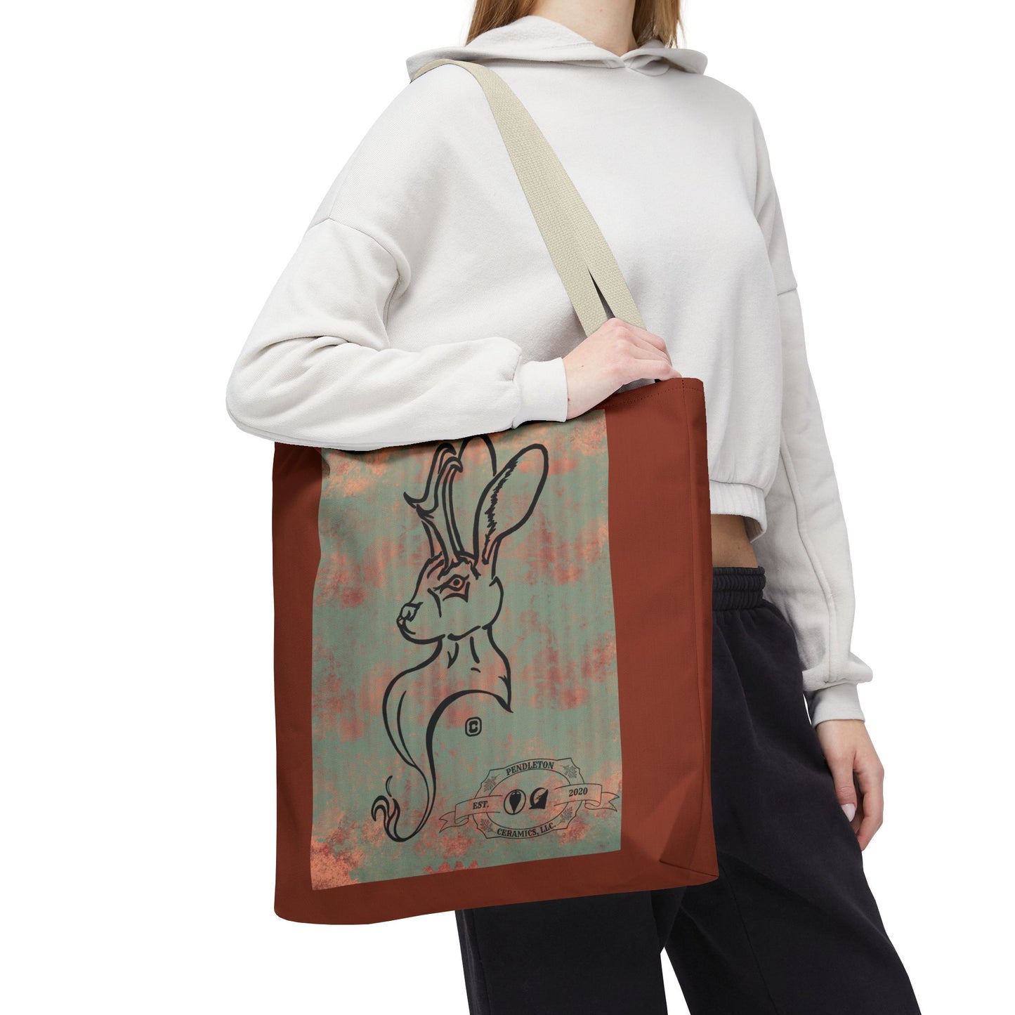 Copper Metal Jackalope Bust Drawing Tote Brown Bag