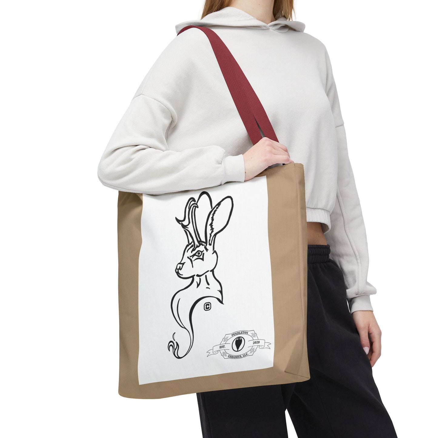 Jackalope Bust Drawing Tote Bag with Tan Stripe
