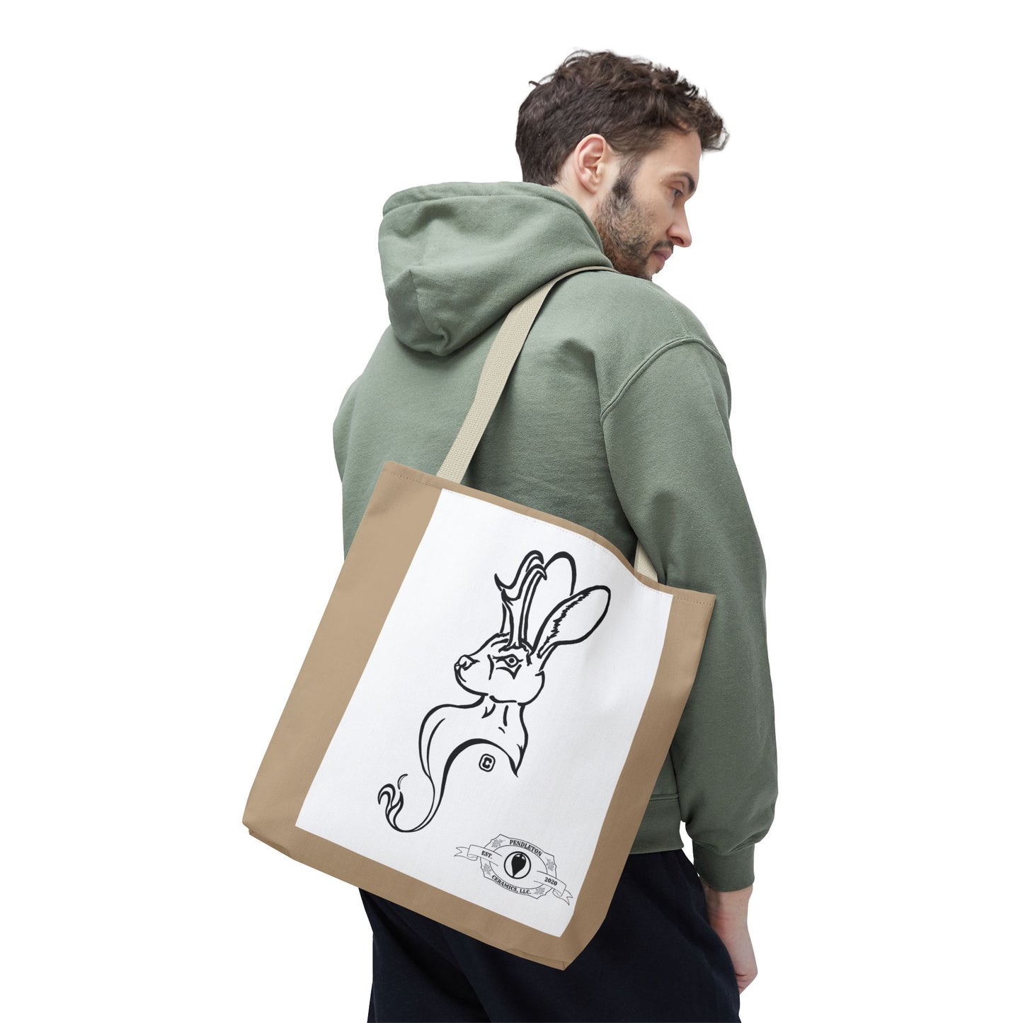 Jackalope Bust Drawing Tote Bag with Tan Stripe