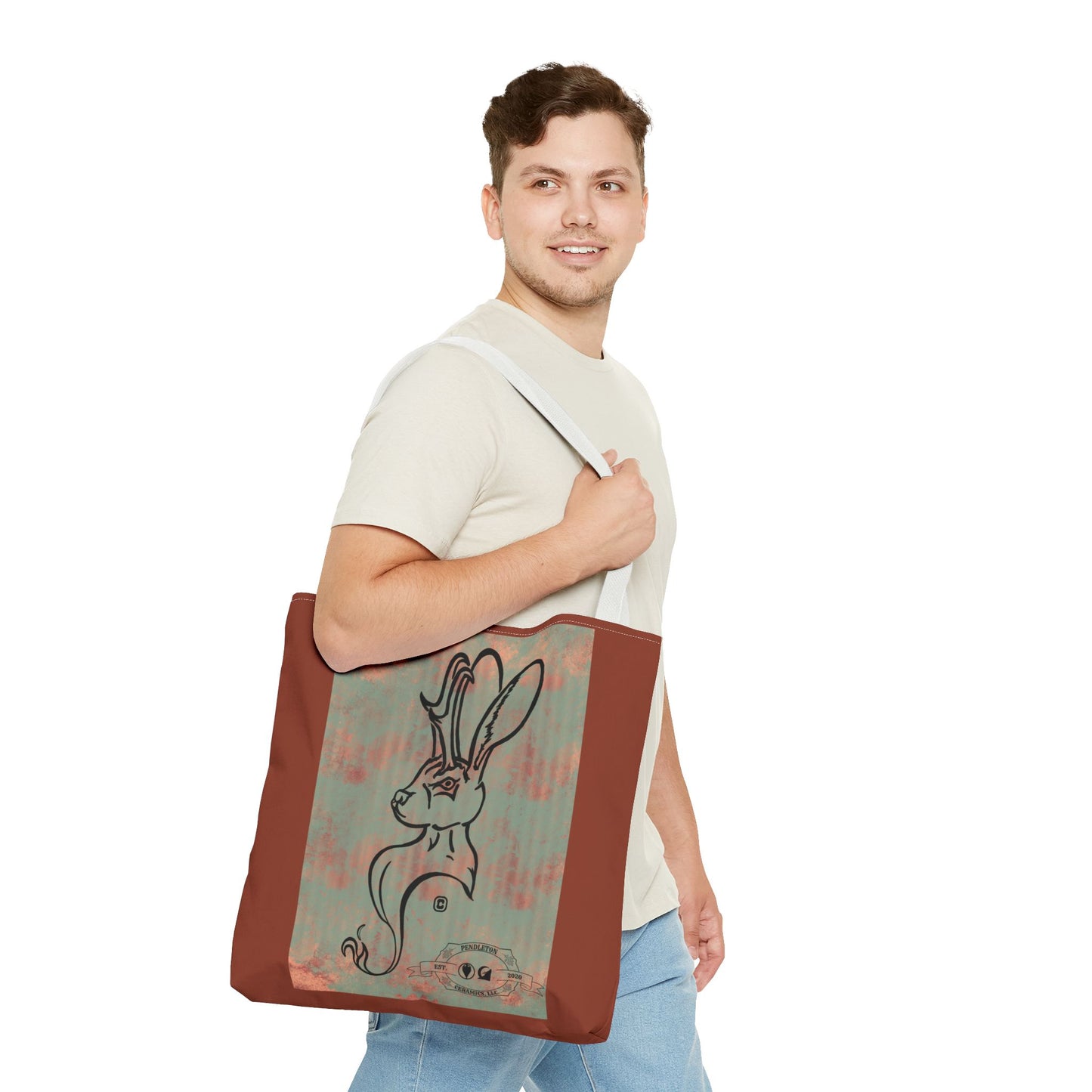 Copper Metal Jackalope Bust Drawing Tote Brown Bag