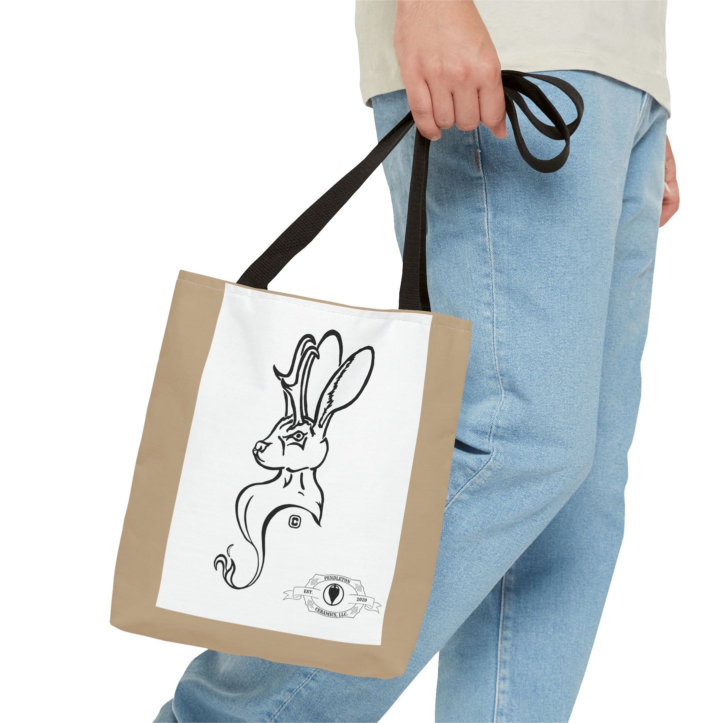 Jackalope Bust Drawing Tote Bag with Tan Stripe