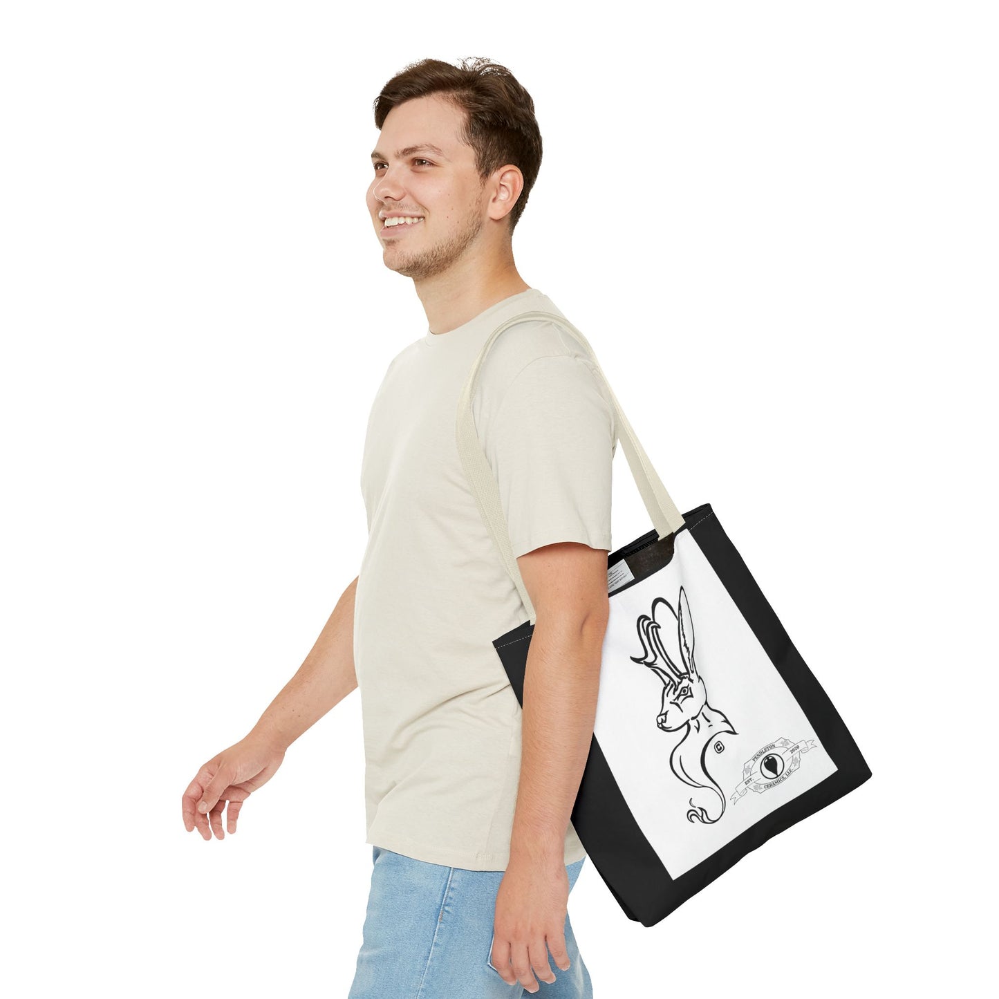 Jackalope Bust Drawing Tote Bag with Black Stripe