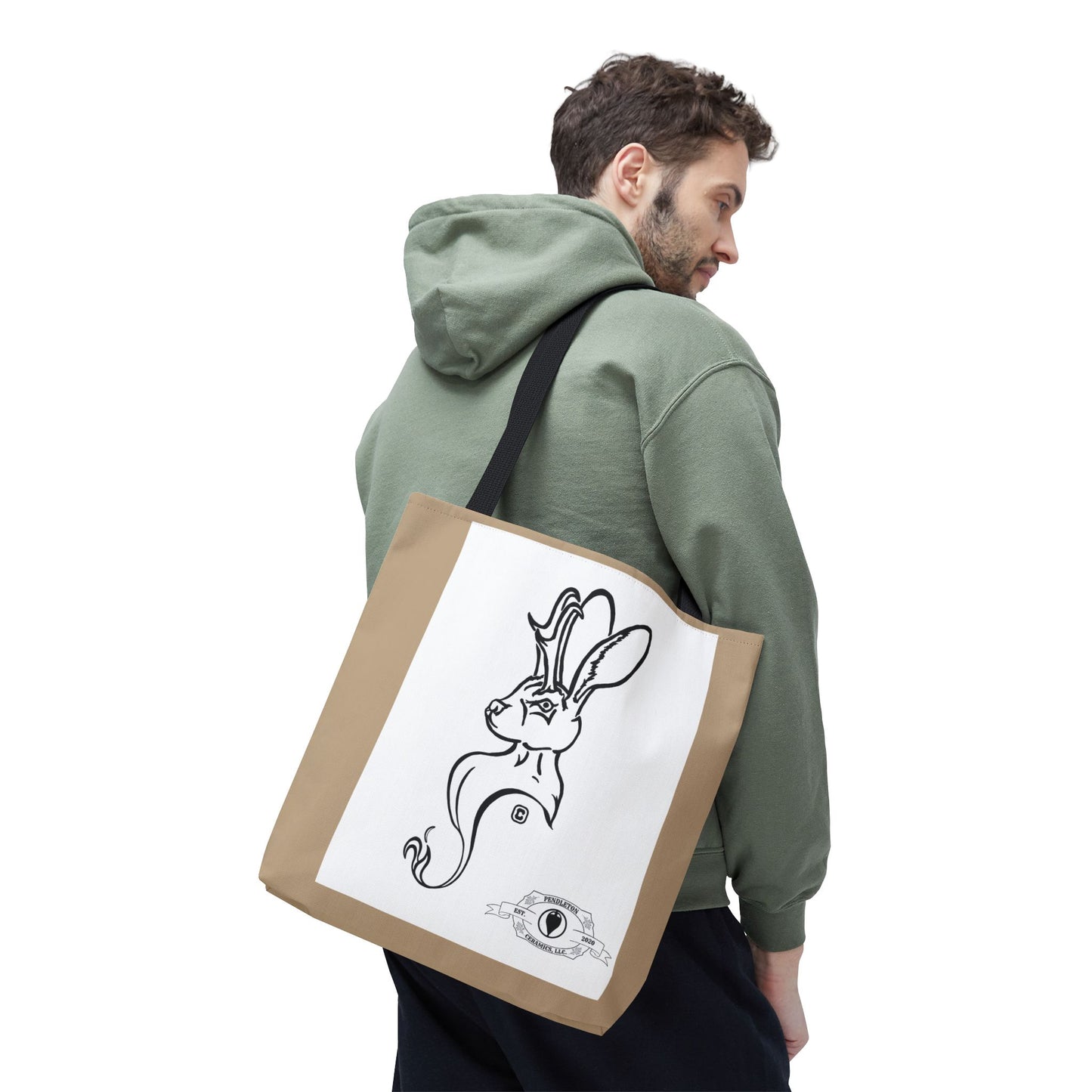 Jackalope Bust Drawing Tote Bag with Tan Stripe