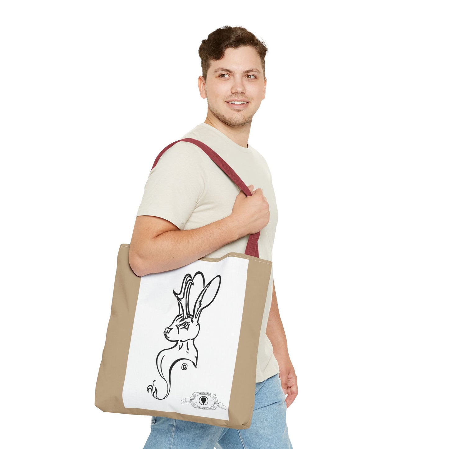 Jackalope Bust Drawing Tote Bag with Tan Stripe