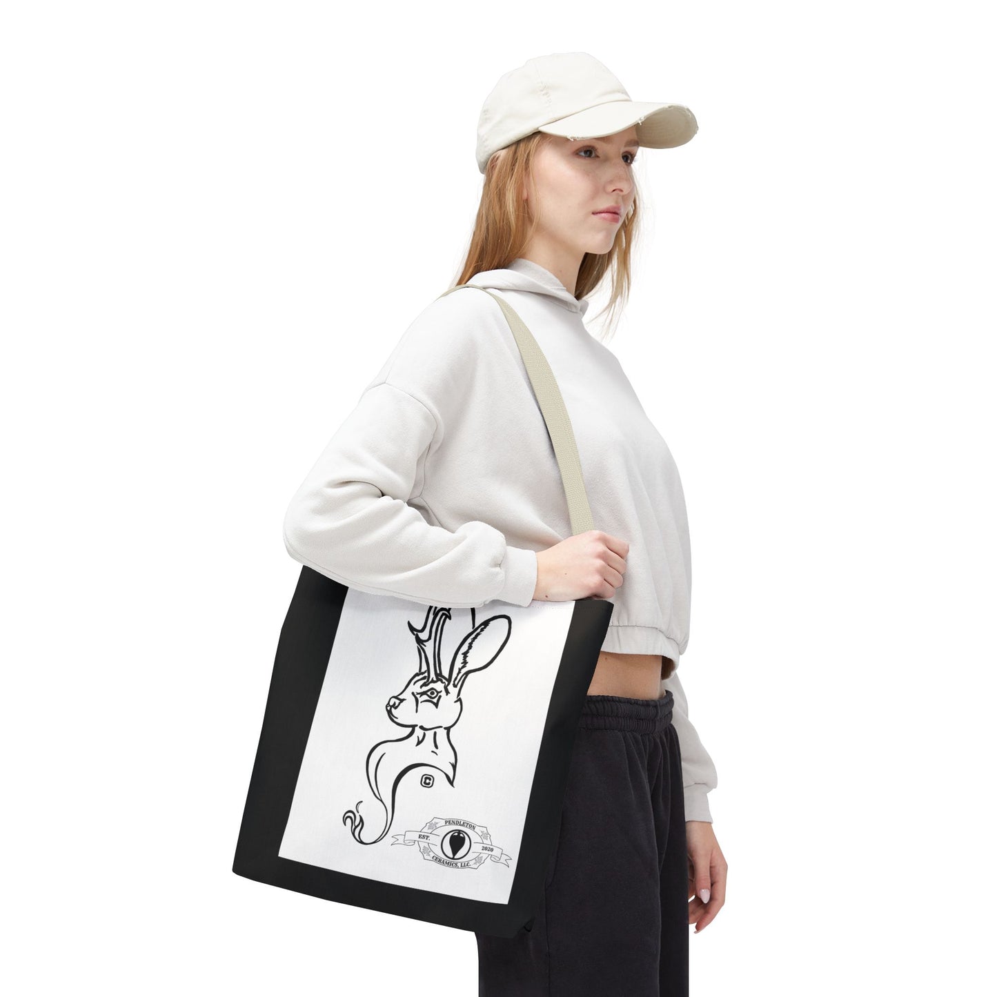 Jackalope Bust Drawing Tote Bag with Black Stripe