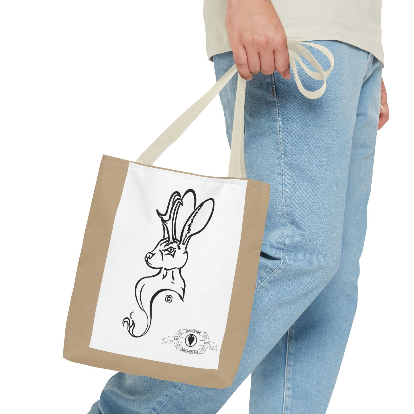 Jackalope Bust Drawing Tote Bag with Tan Stripe
