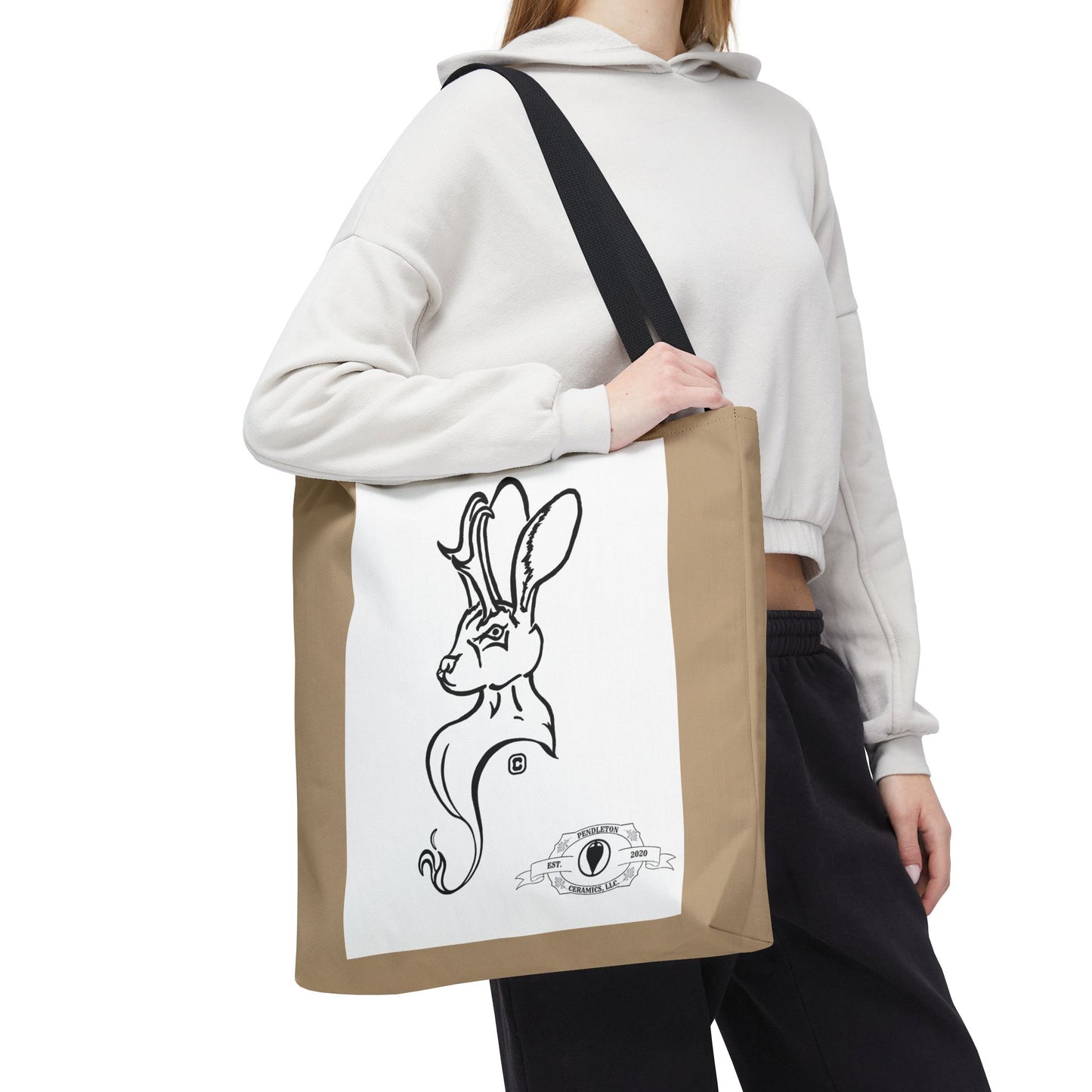 Jackalope Bust Drawing Tote Bag with Tan Stripe