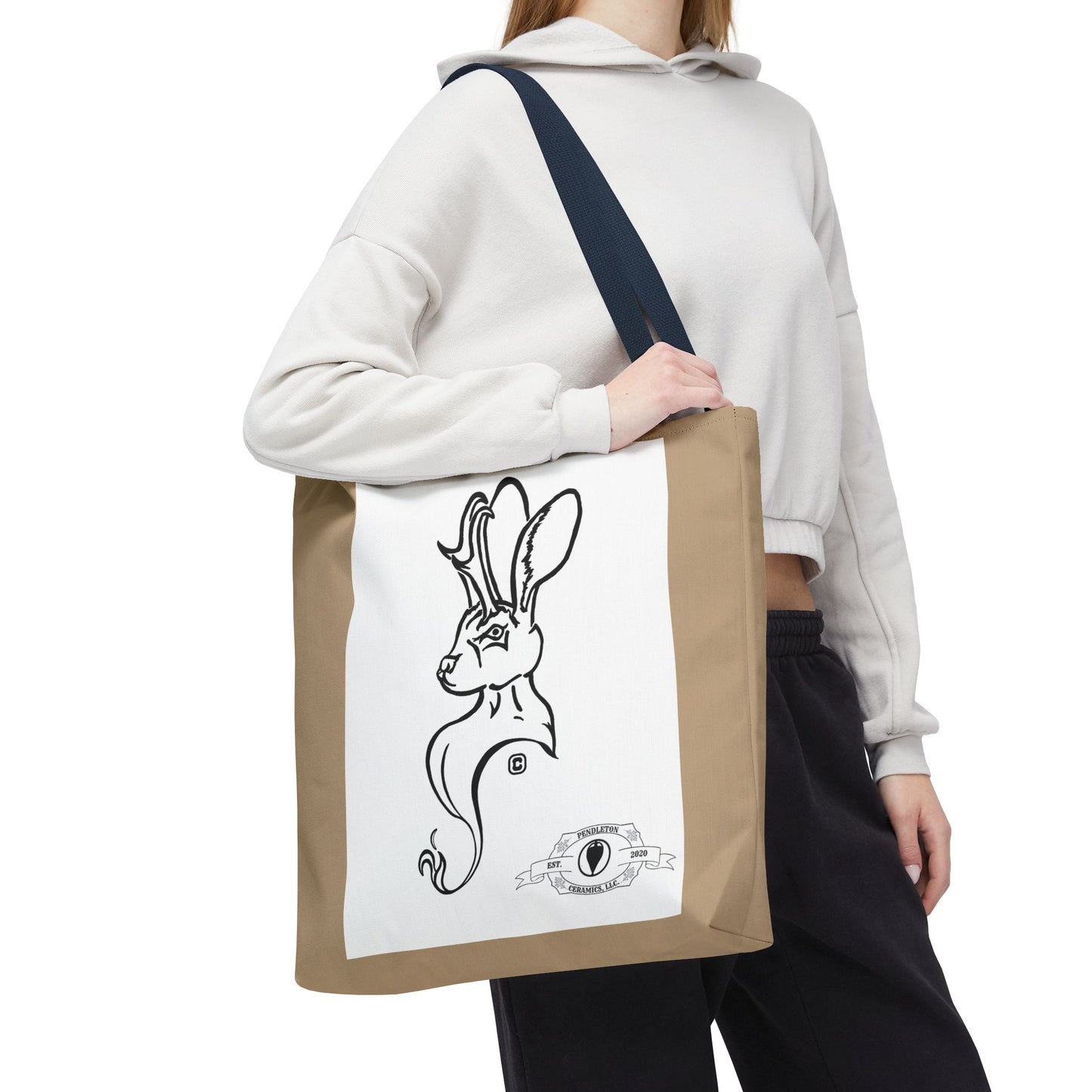 Jackalope Bust Drawing Tote Bag with Tan Stripe