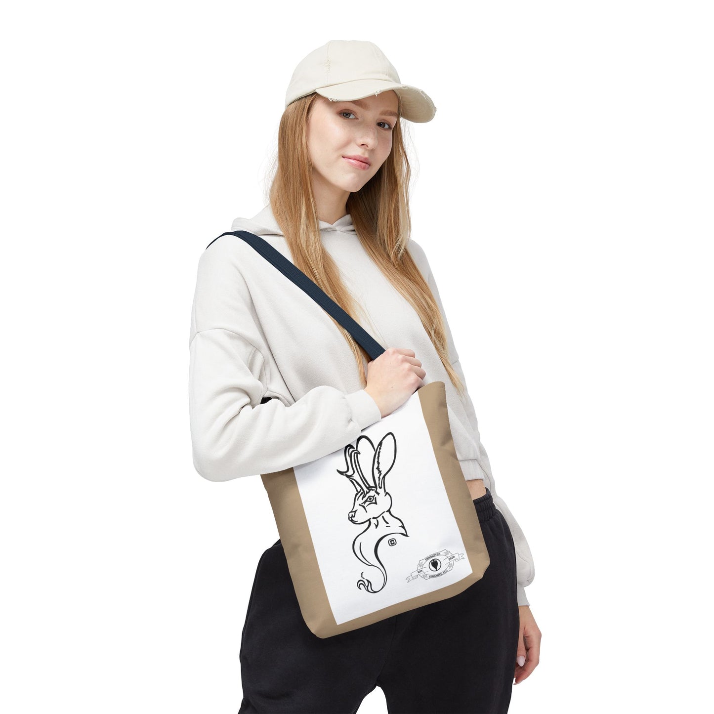 Jackalope Bust Drawing Tote Bag with Tan Stripe