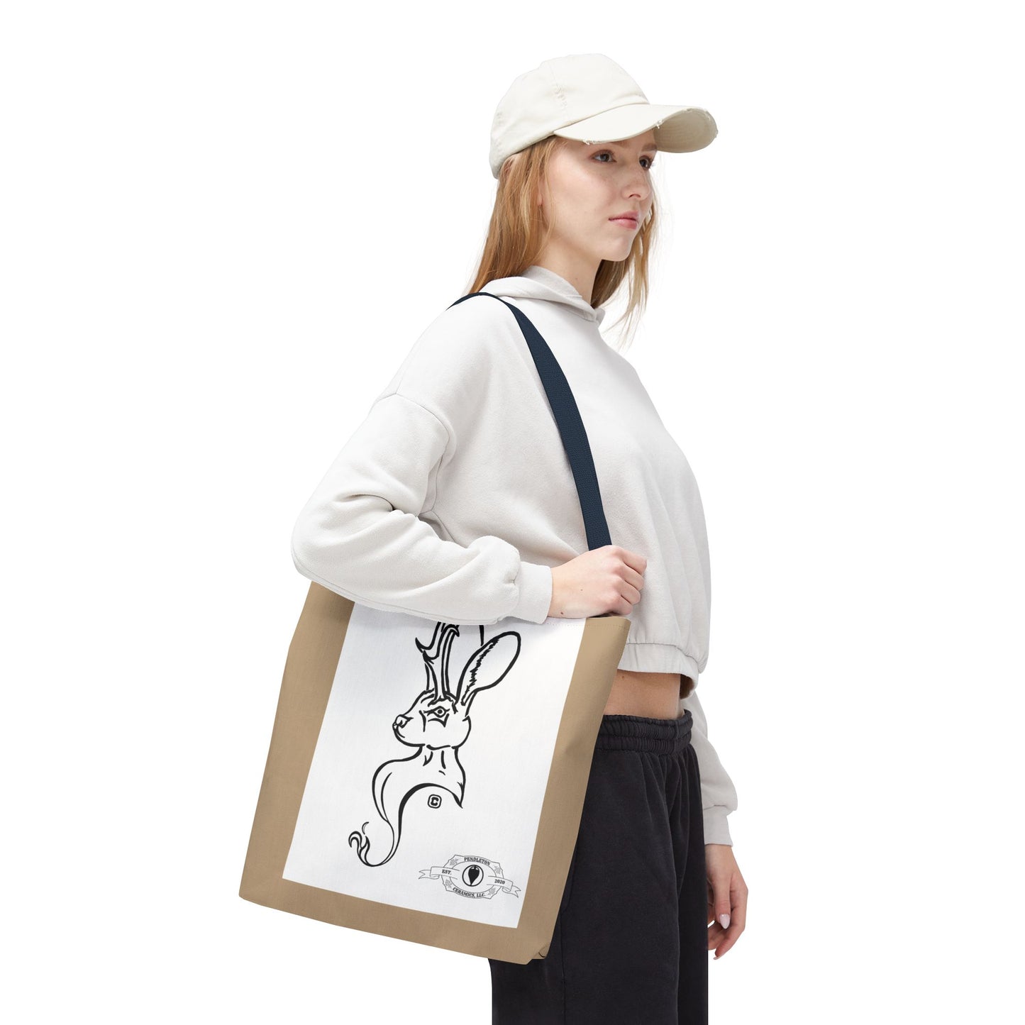 Jackalope Bust Drawing Tote Bag with Tan Stripe