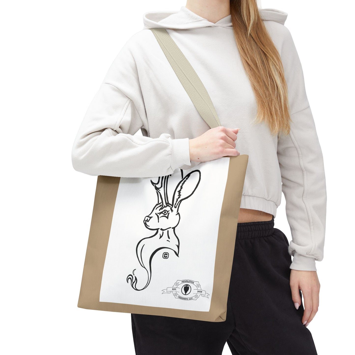 Jackalope Bust Drawing Tote Bag with Tan Stripe