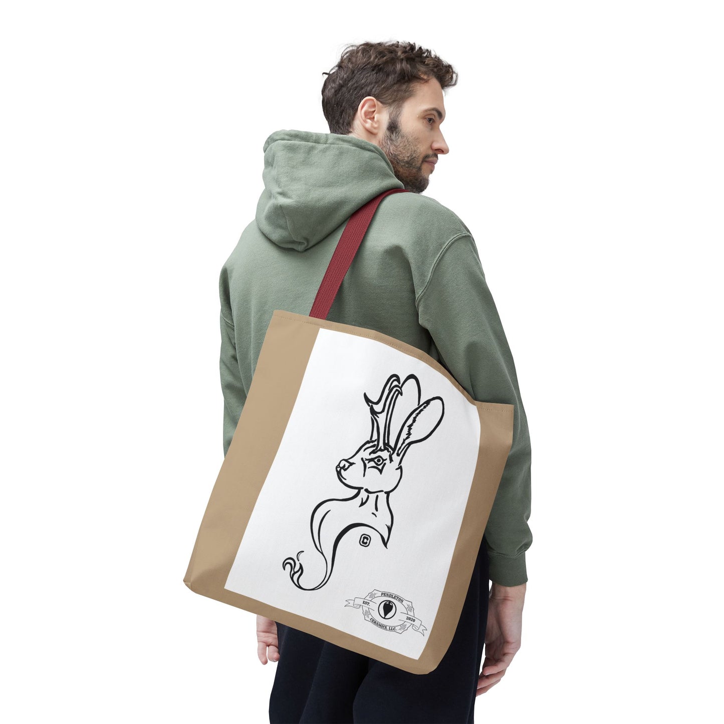 Jackalope Bust Drawing Tote Bag with Tan Stripe
