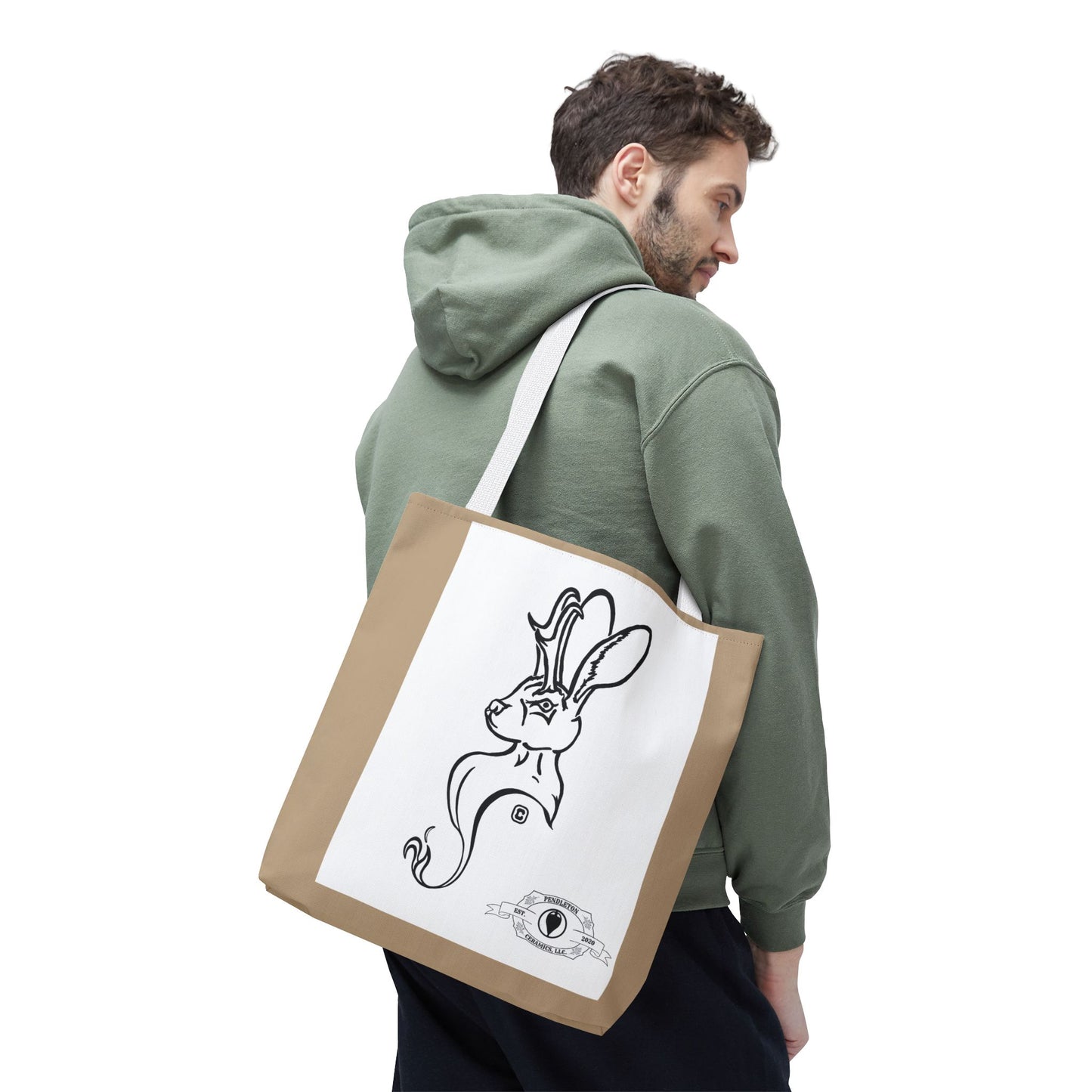 Jackalope Bust Drawing Tote Bag with Tan Stripe