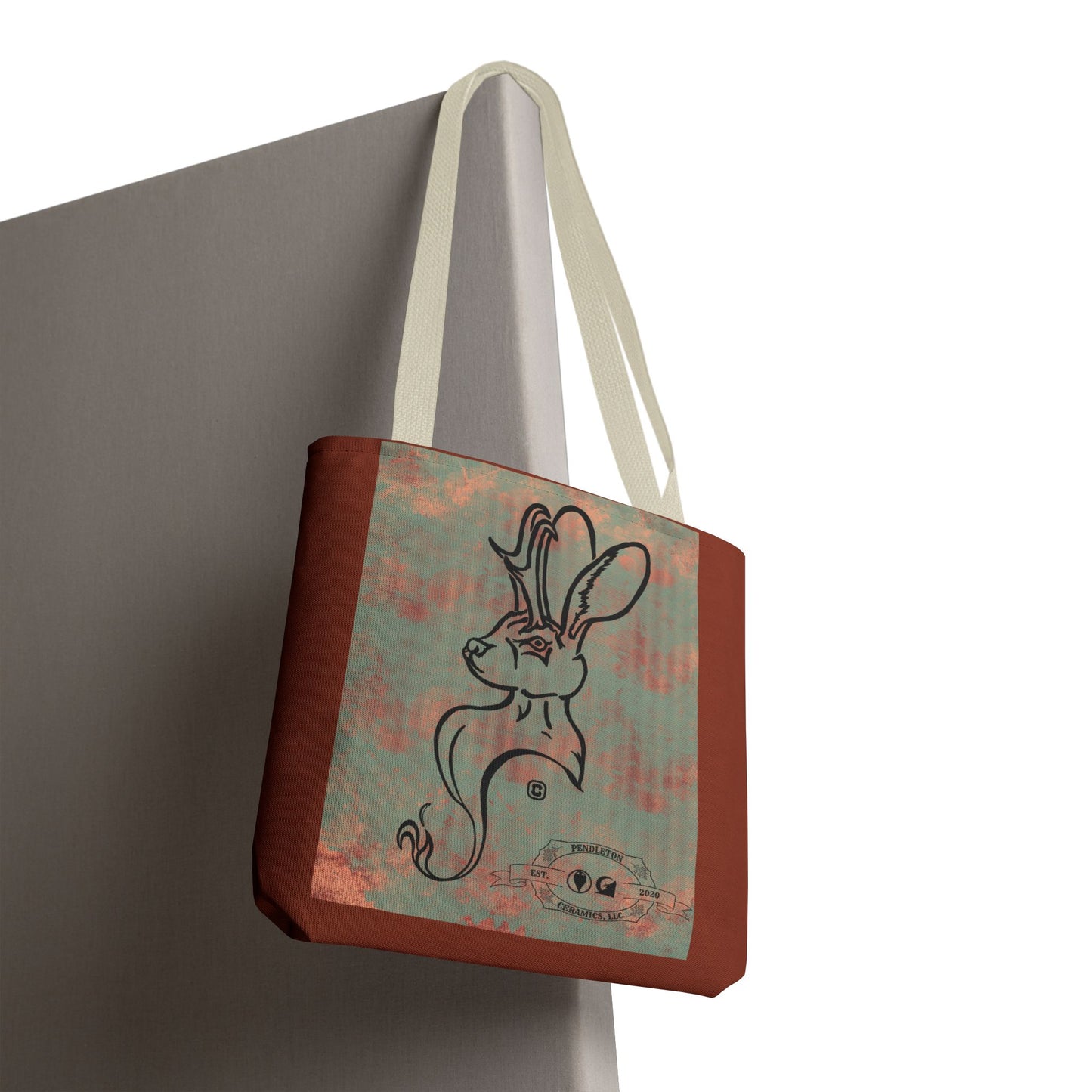 Copper Metal Jackalope Bust Drawing Tote Brown Bag