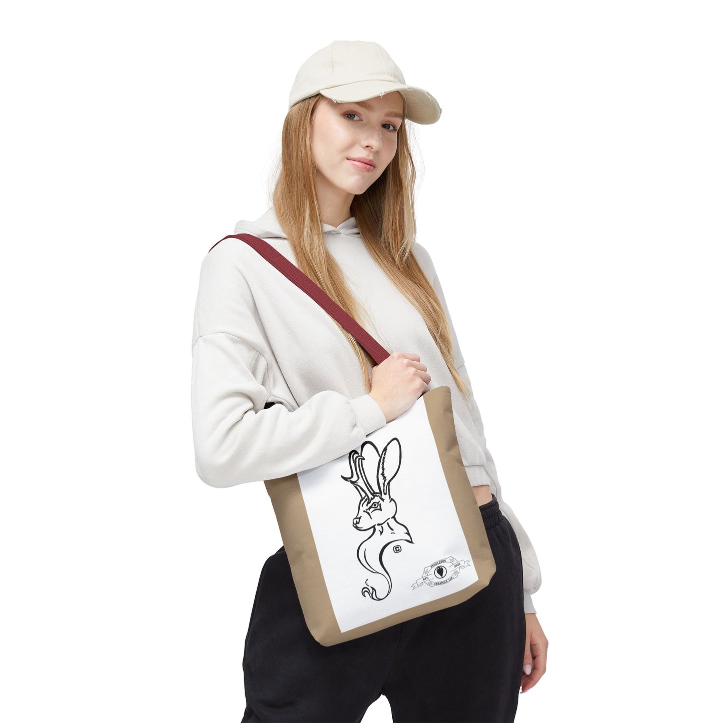 Jackalope Bust Drawing Tote Bag with Tan Stripe
