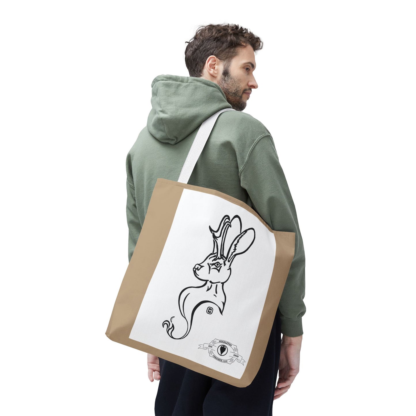 Jackalope Bust Drawing Tote Bag with Tan Stripe