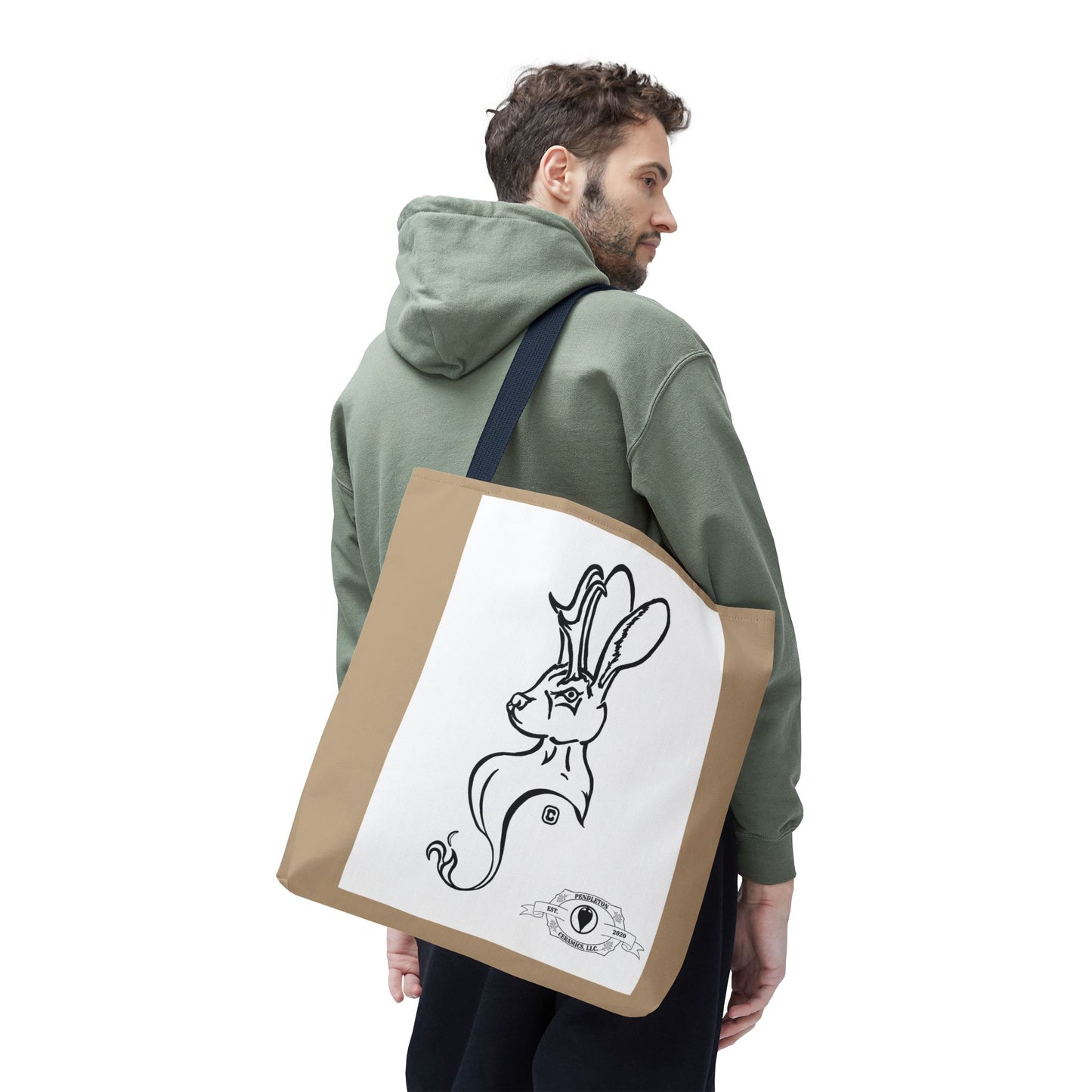 Jackalope Bust Drawing Tote Bag with Tan Stripe