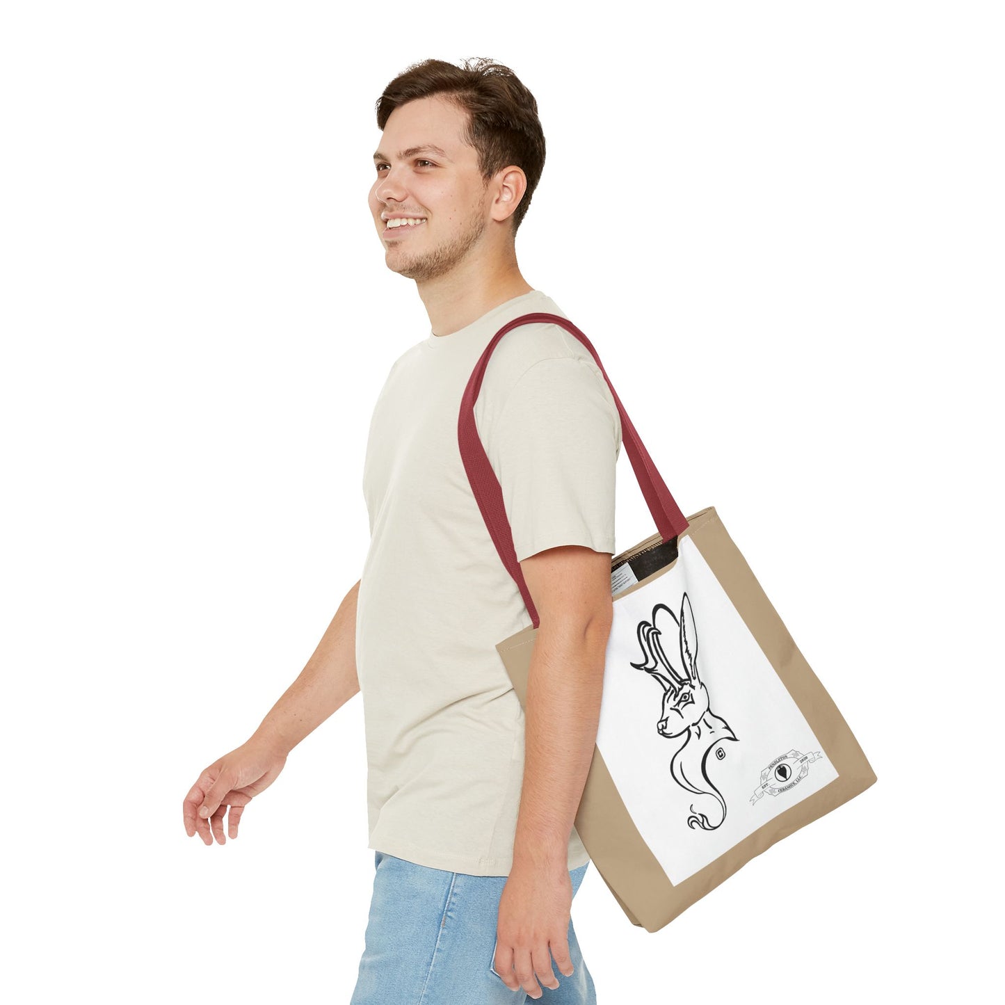 Jackalope Bust Drawing Tote Bag with Tan Stripe