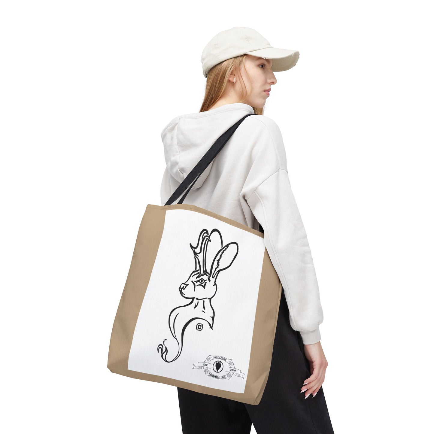 Jackalope Bust Drawing Tote Bag with Tan Stripe
