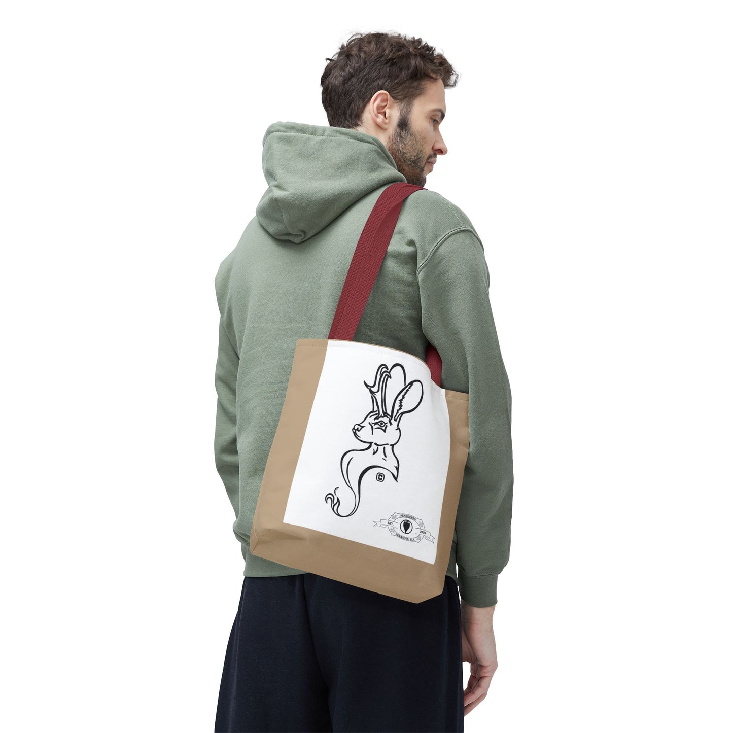 Jackalope Bust Drawing Tote Bag with Tan Stripe