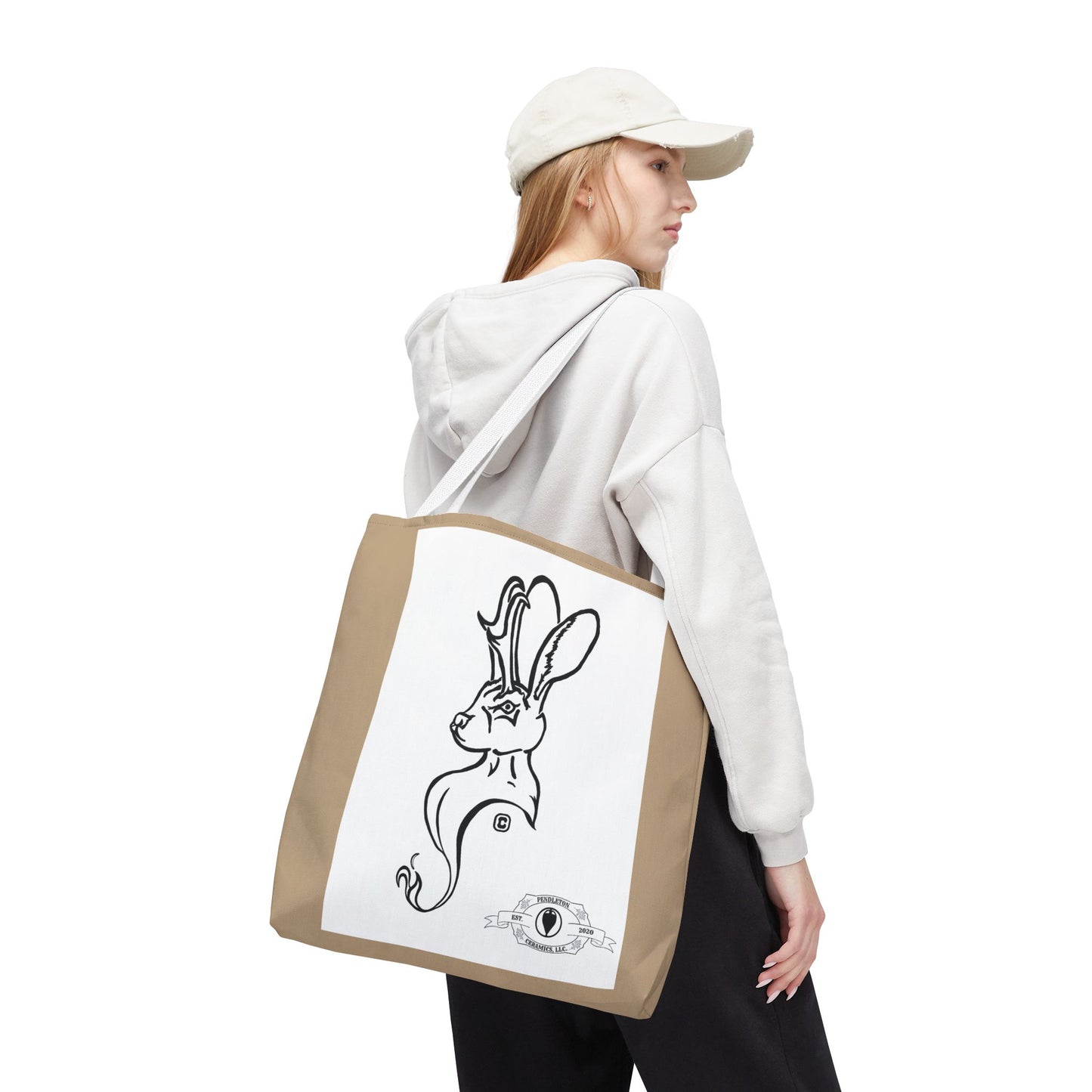 Jackalope Bust Drawing Tote Bag with Tan Stripe