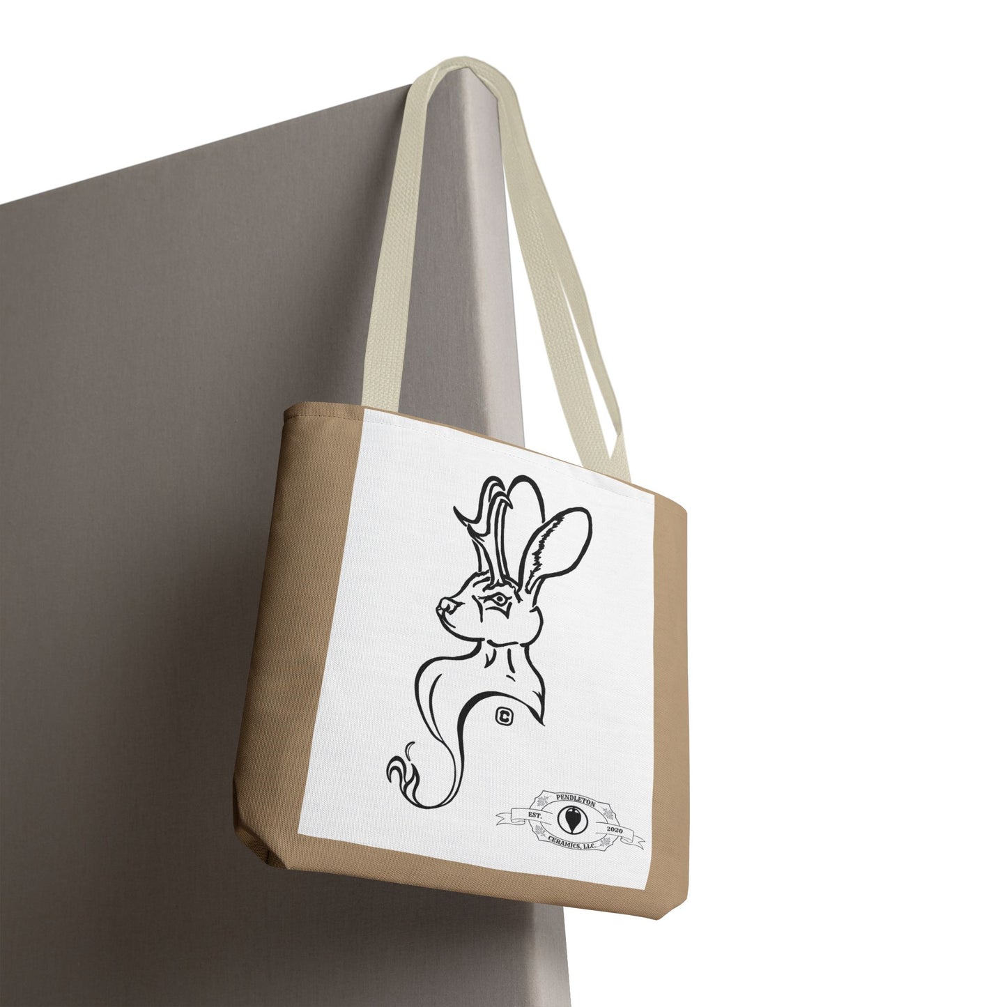 Jackalope Bust Drawing Tote Bag with Tan Stripe