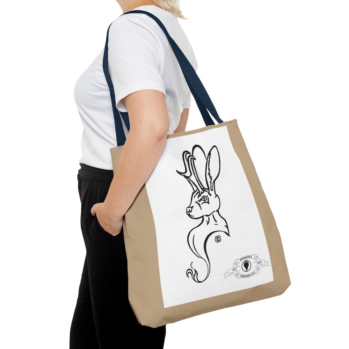 Jackalope Bust Drawing Tote Bag with Tan Stripe