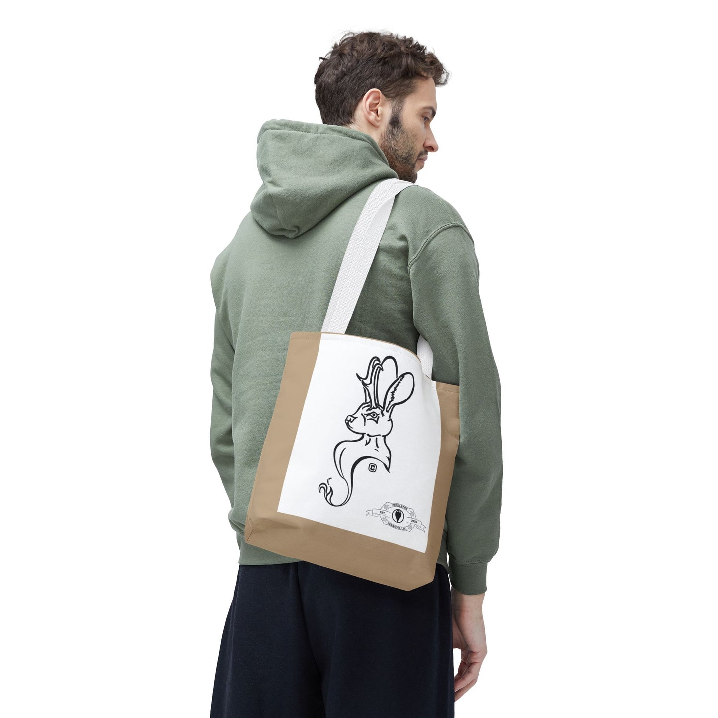 Jackalope Bust Drawing Tote Bag with Tan Stripe