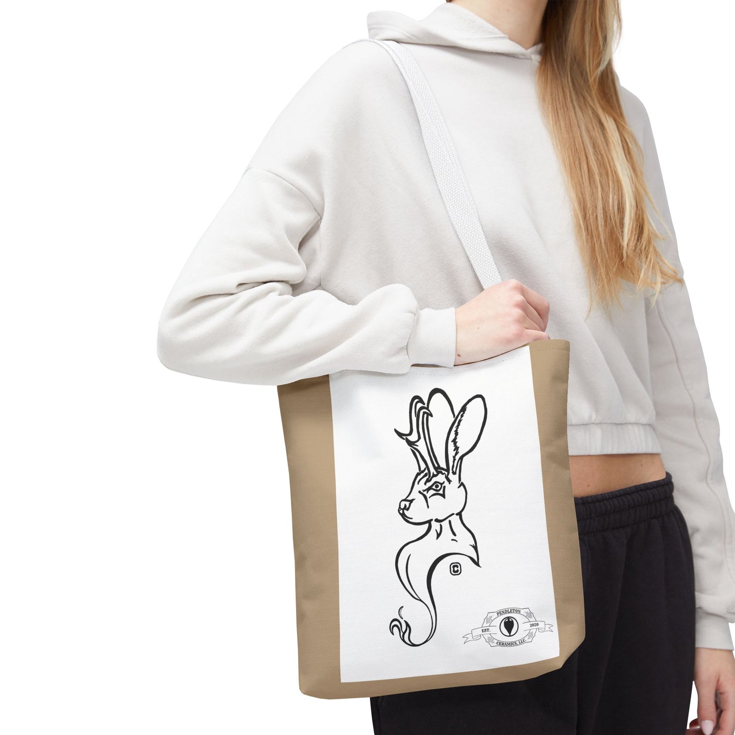 Jackalope Bust Drawing Tote Bag with Tan Stripe
