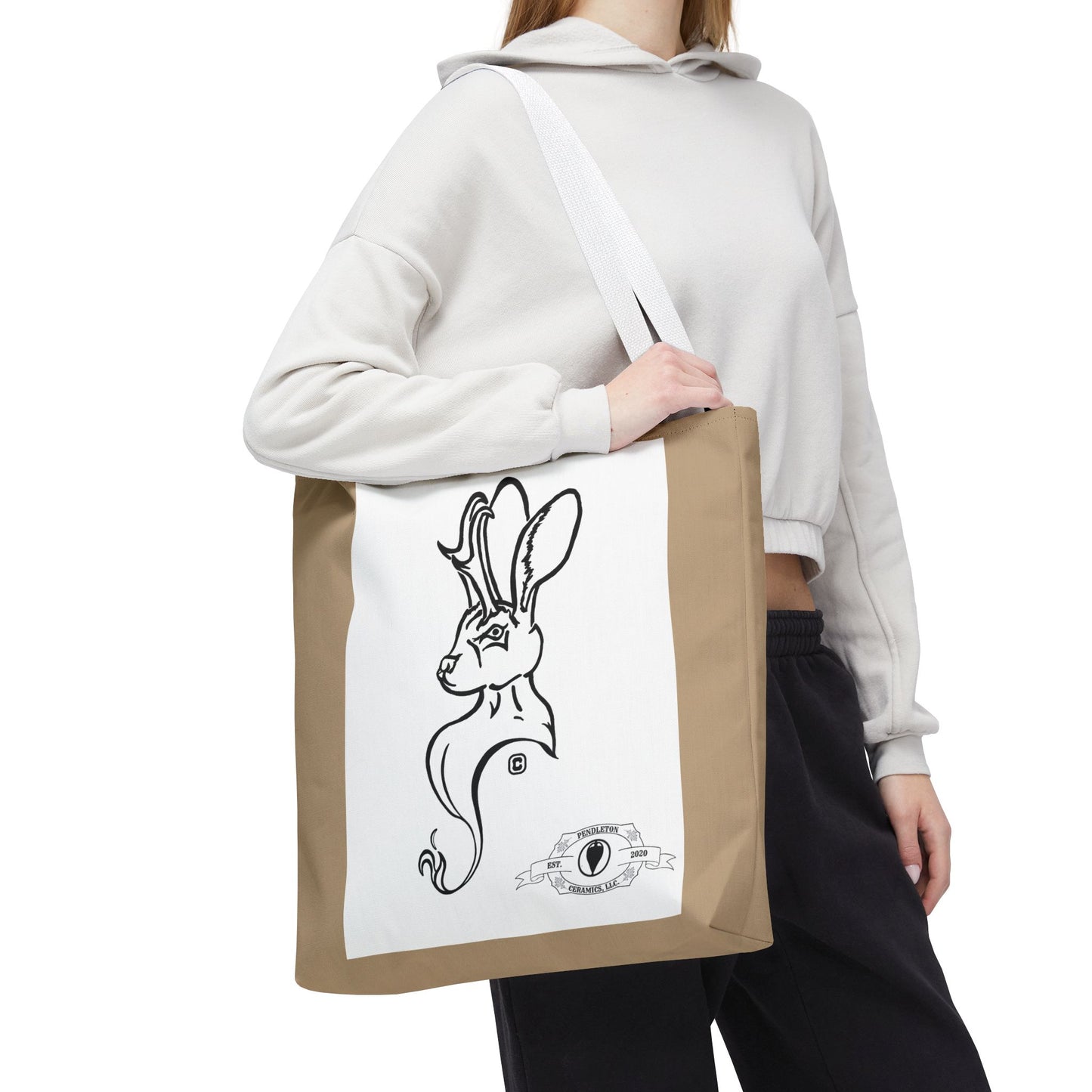 Jackalope Bust Drawing Tote Bag with Tan Stripe