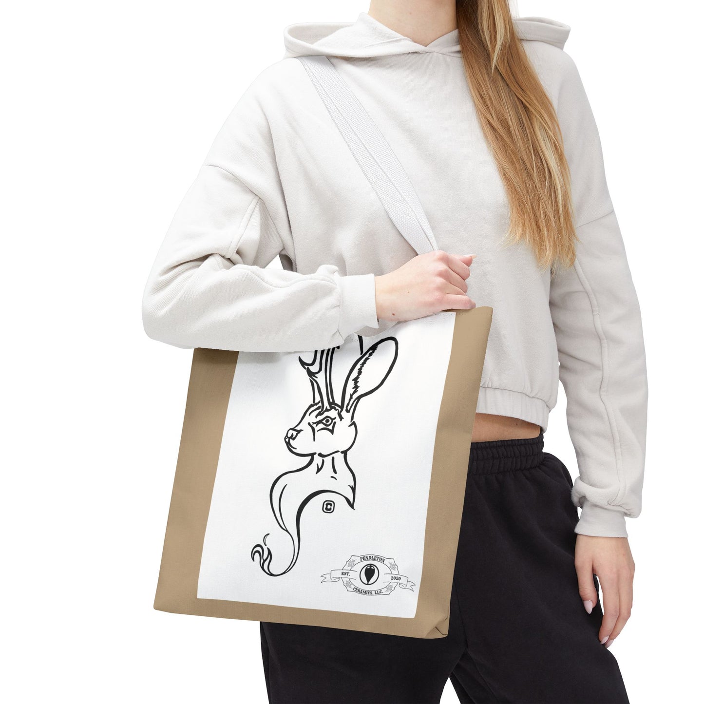 Jackalope Bust Drawing Tote Bag with Tan Stripe