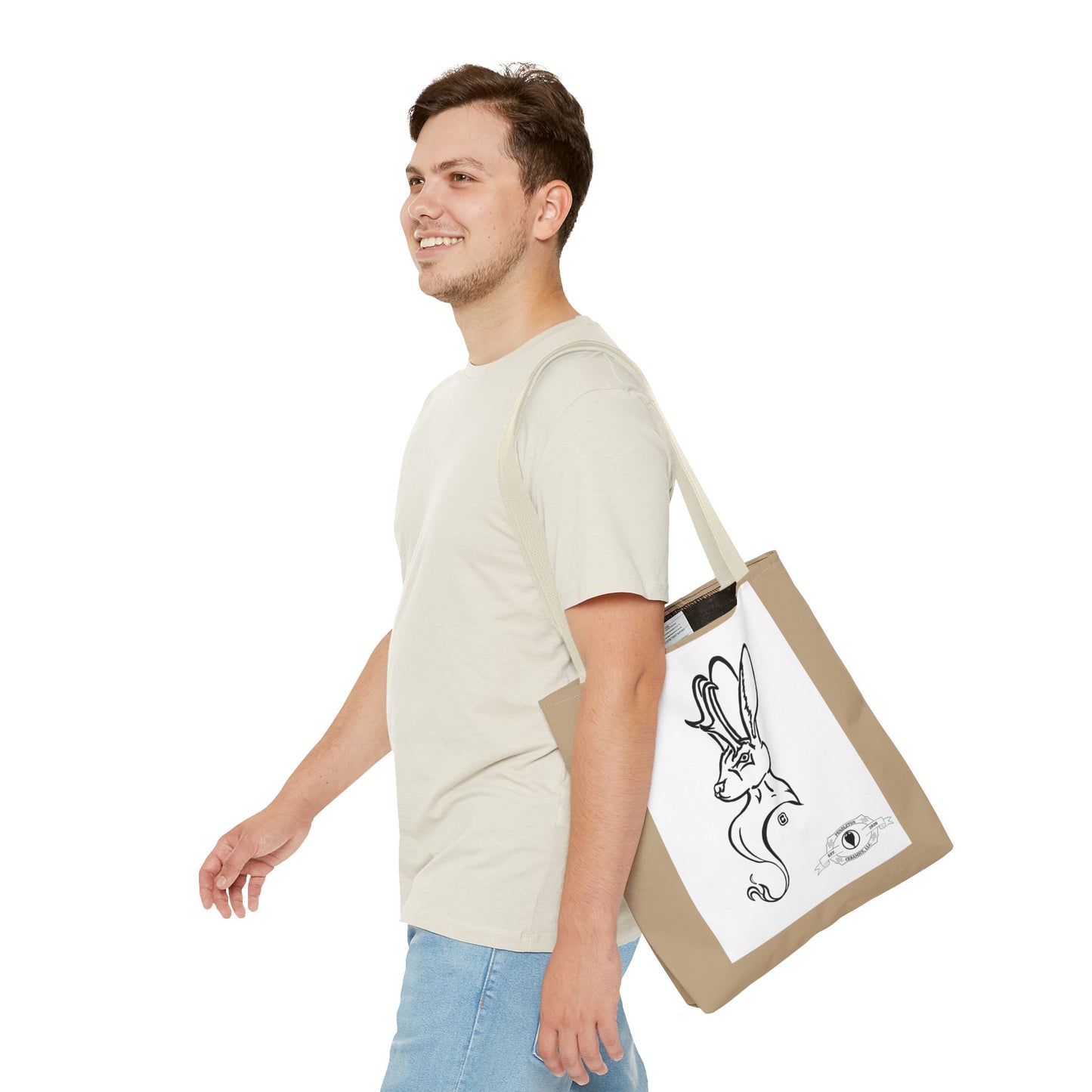 Jackalope Bust Drawing Tote Bag with Tan Stripe