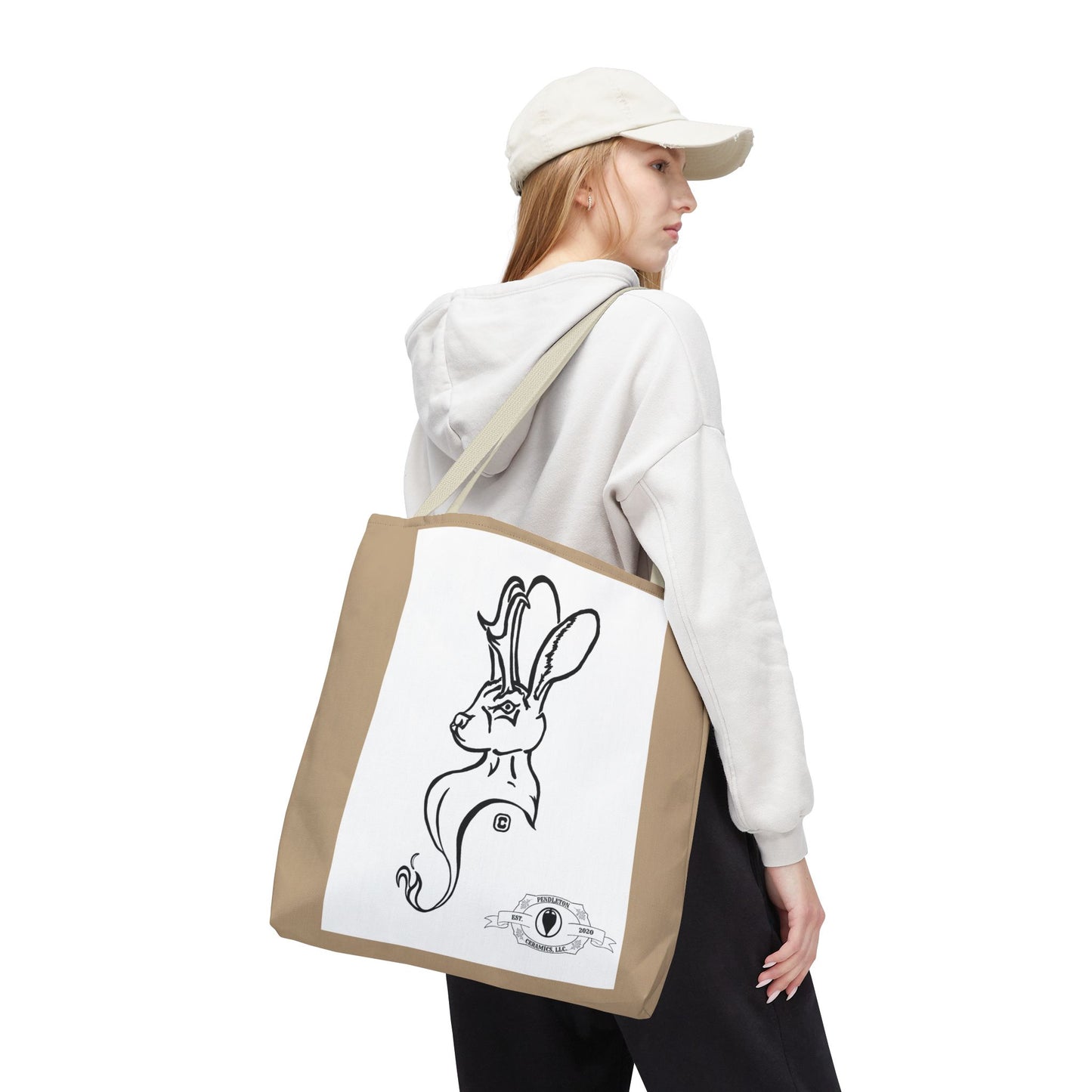 Jackalope Bust Drawing Tote Bag with Tan Stripe