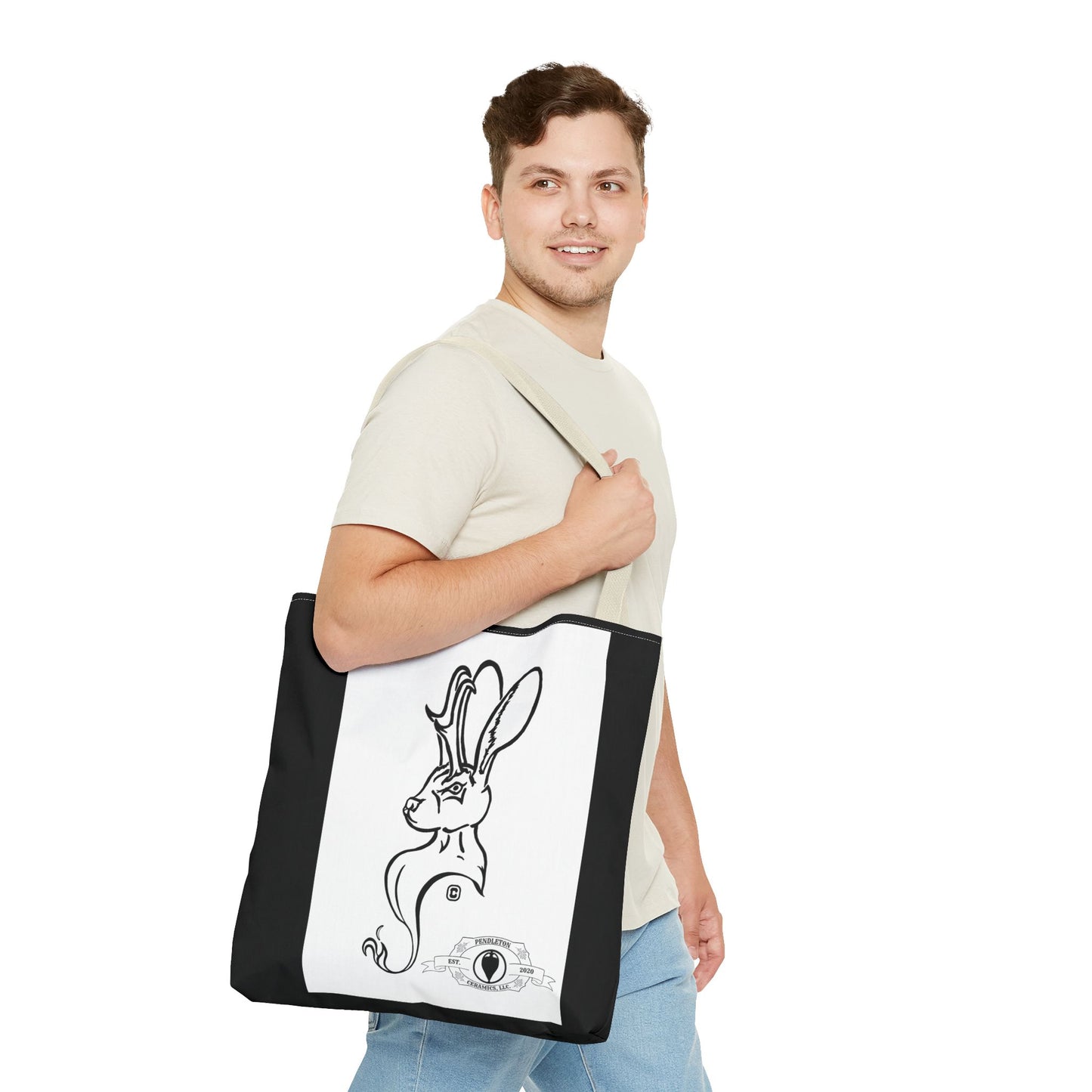 Jackalope Bust Drawing Tote Bag with Black Stripe