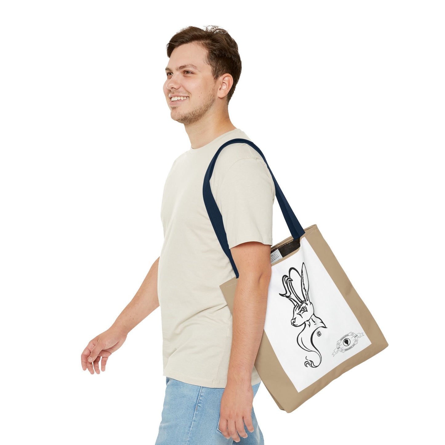 Jackalope Bust Drawing Tote Bag with Tan Stripe