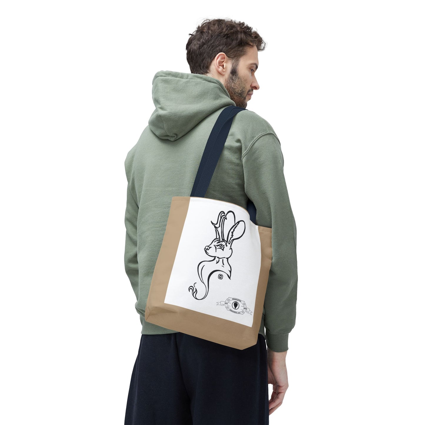 Jackalope Bust Drawing Tote Bag with Tan Stripe
