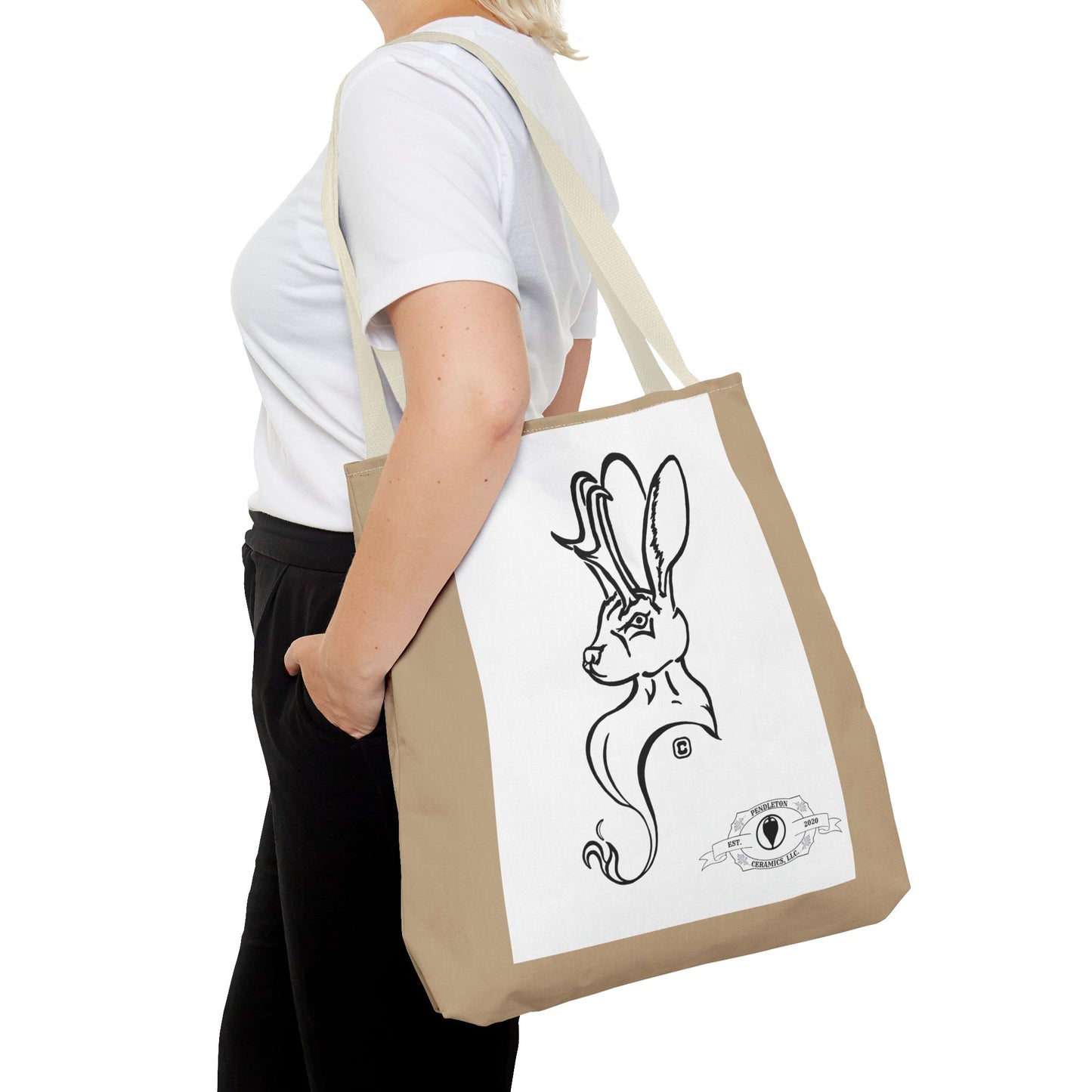 Jackalope Bust Drawing Tote Bag with Tan Stripe