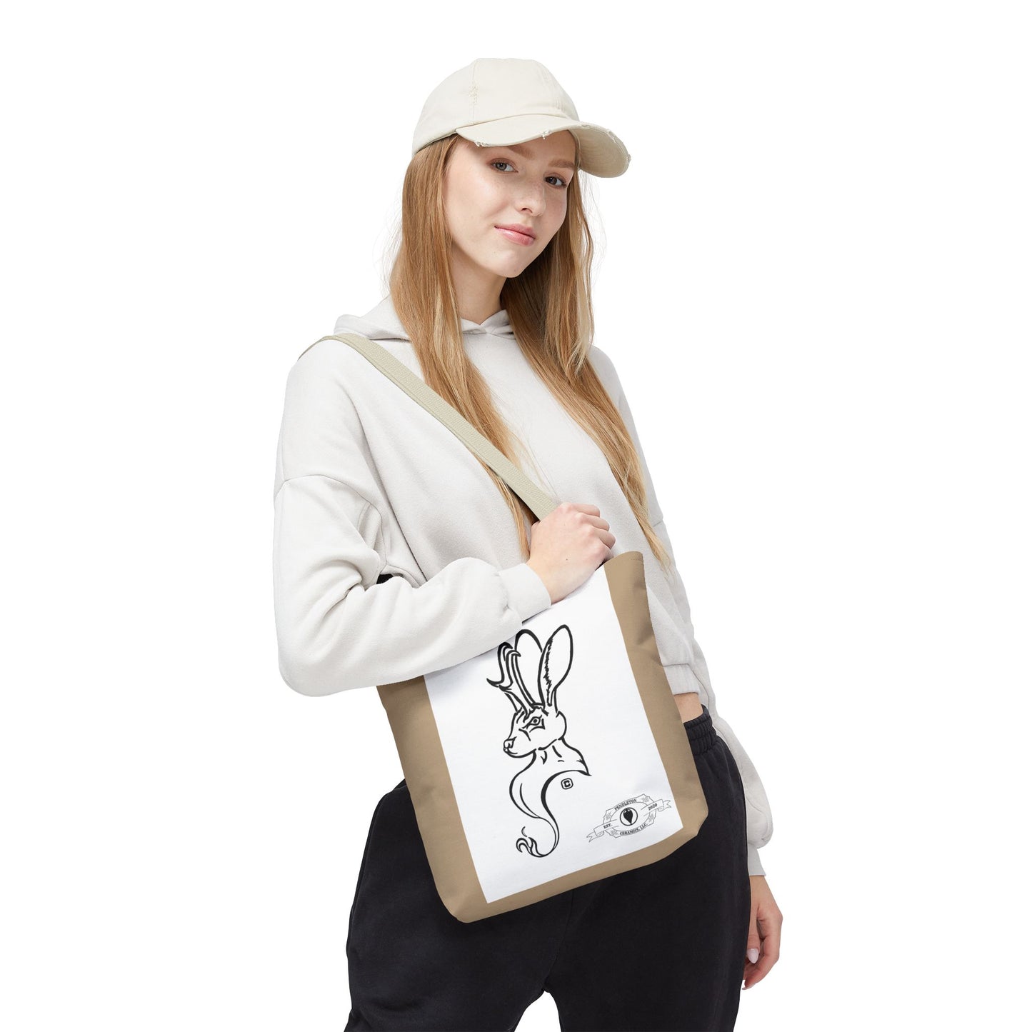 Jackalope Bust Drawing Tote Bag with Tan Stripe