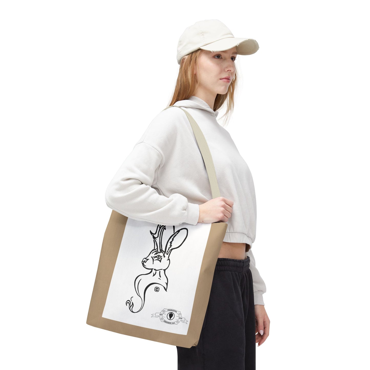 Jackalope Bust Drawing Tote Bag with Tan Stripe