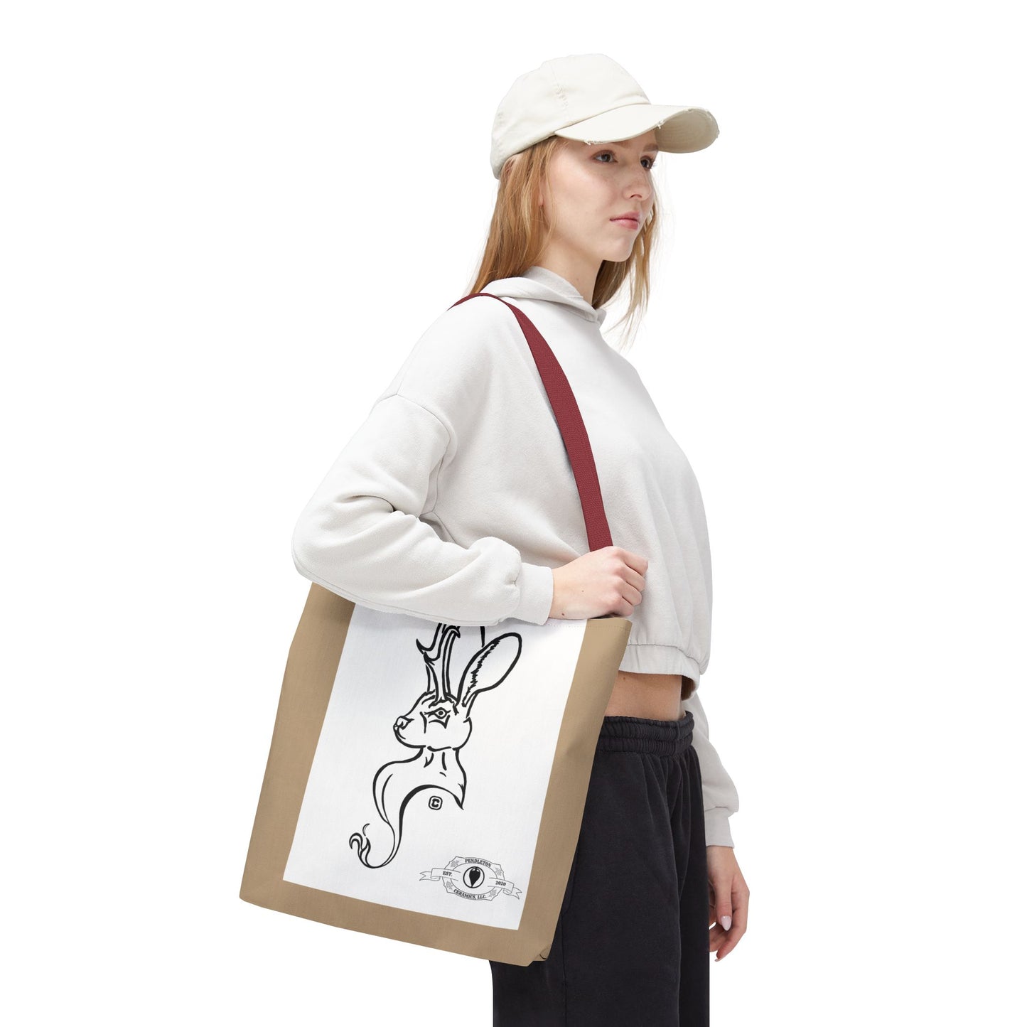 Jackalope Bust Drawing Tote Bag with Tan Stripe