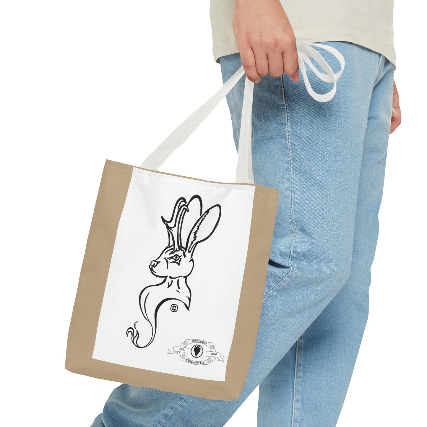 Jackalope Bust Drawing Tote Bag with Tan Stripe