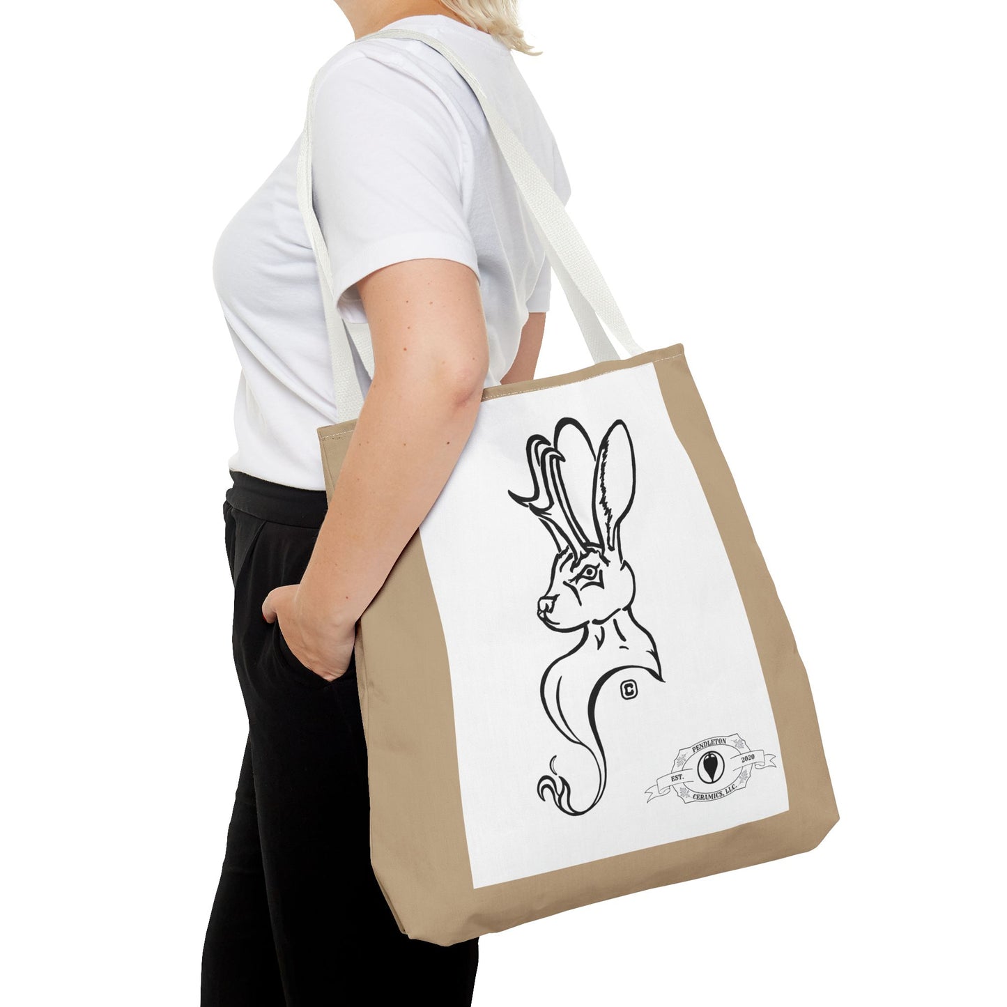 Jackalope Bust Drawing Tote Bag with Tan Stripe