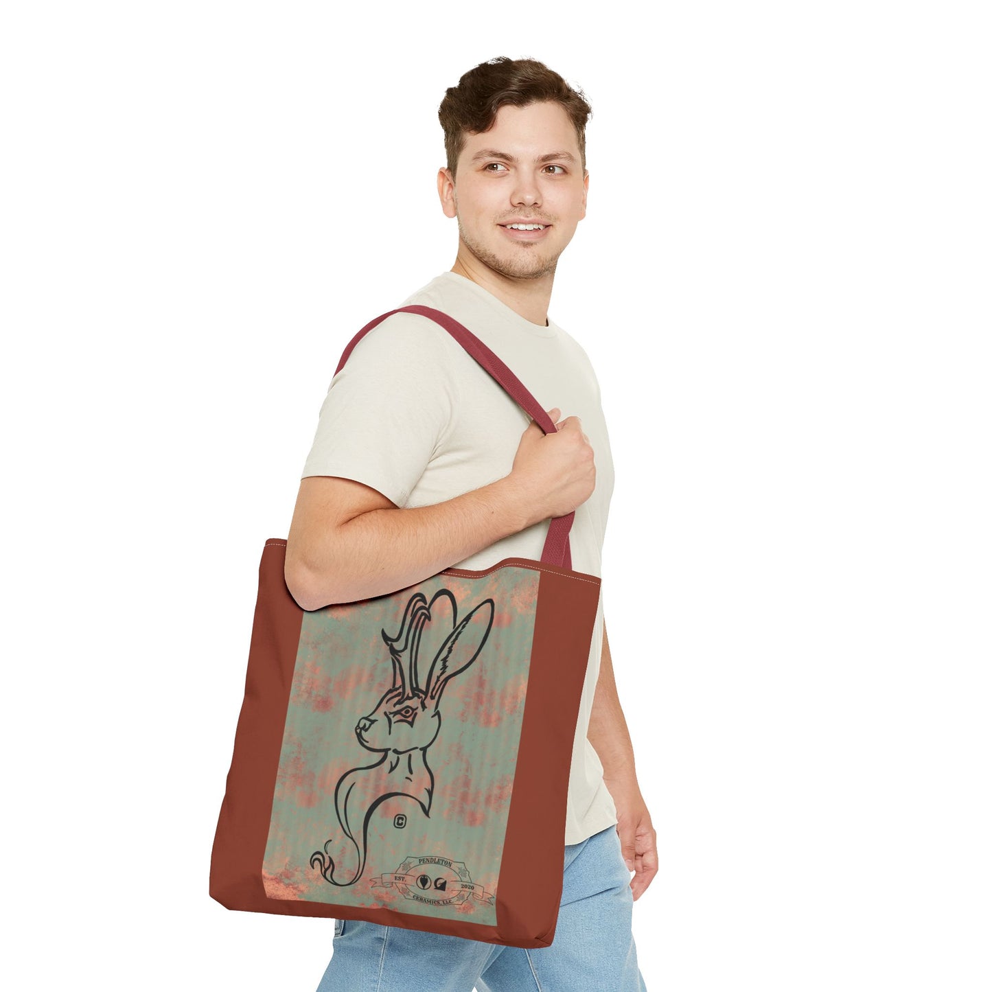 Copper Metal Jackalope Bust Drawing Tote Brown Bag