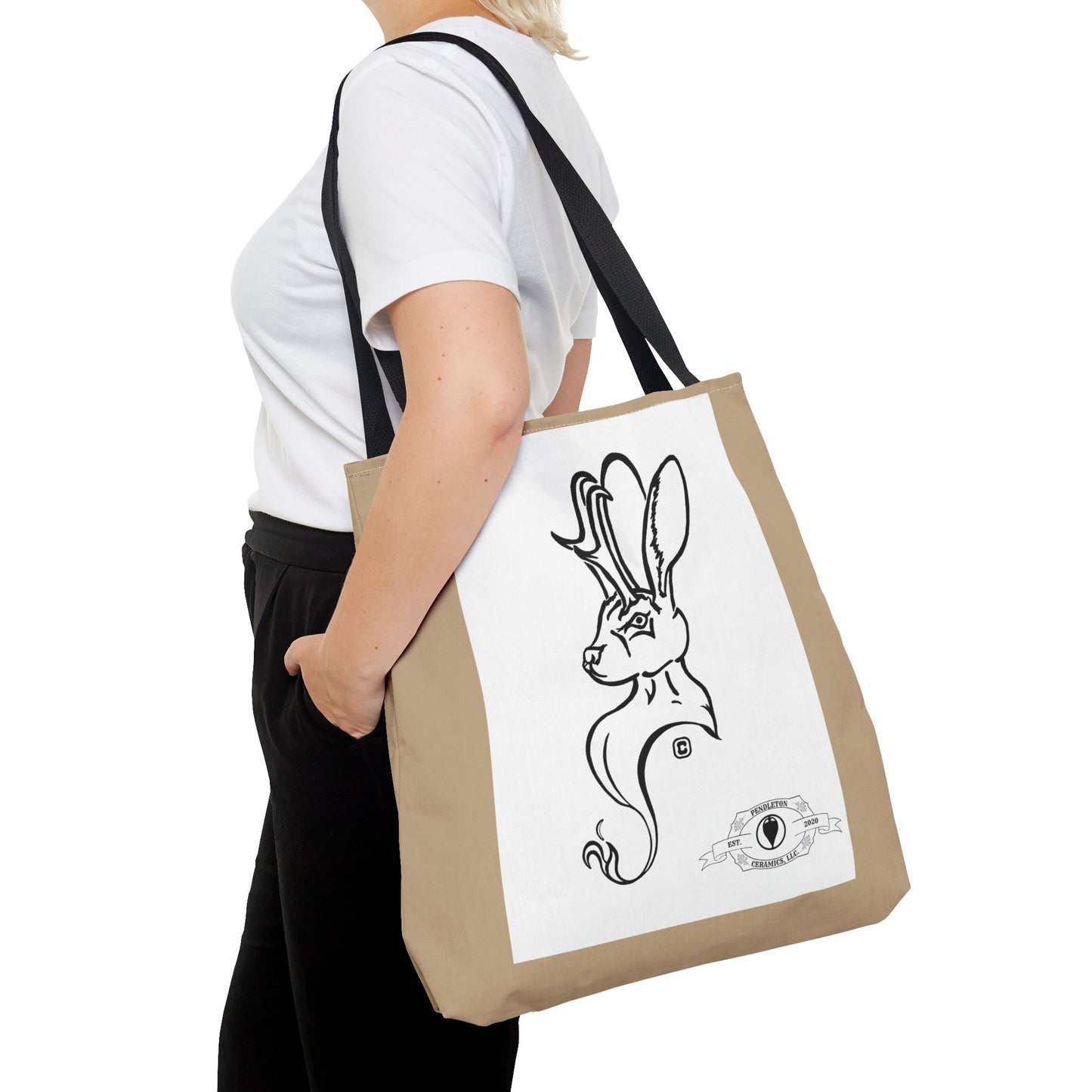 Jackalope Bust Drawing Tote Bag with Tan Stripe