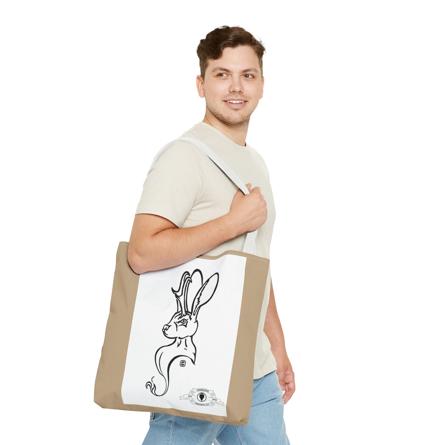 Jackalope Bust Drawing Tote Bag with Tan Stripe