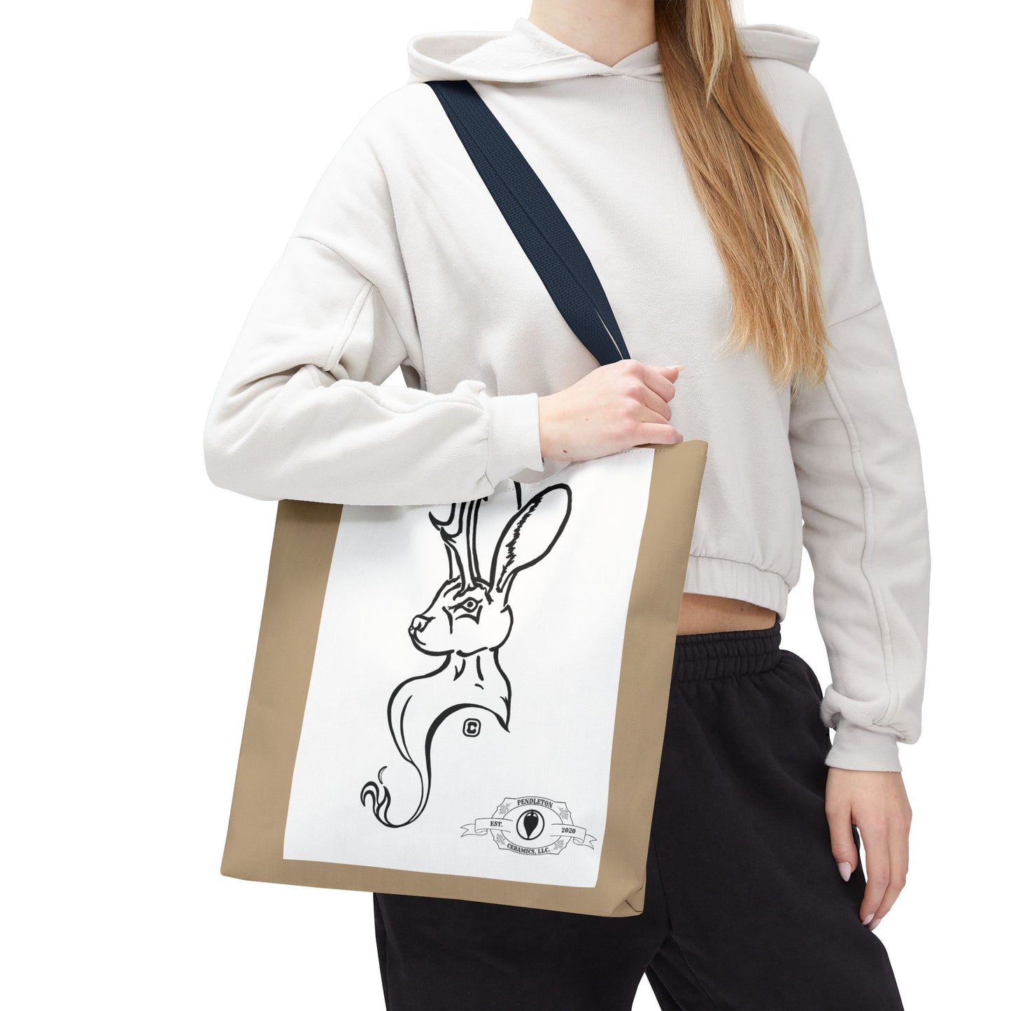 Jackalope Bust Drawing Tote Bag with Tan Stripe