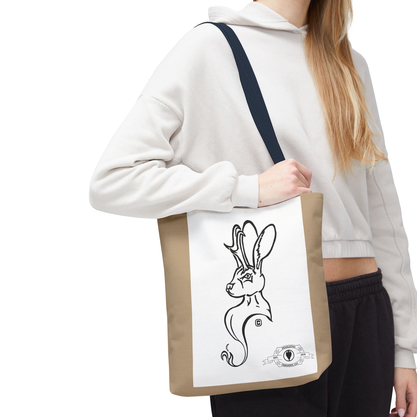 Jackalope Bust Drawing Tote Bag with Tan Stripe