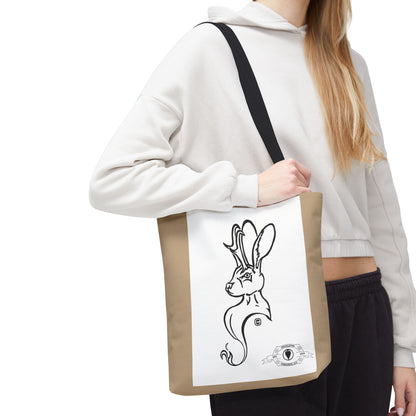 Jackalope Bust Drawing Tote Bag with Tan Stripe