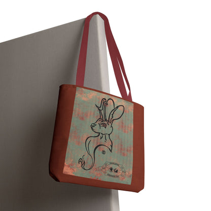Copper Metal Jackalope Bust Drawing Tote Brown Bag